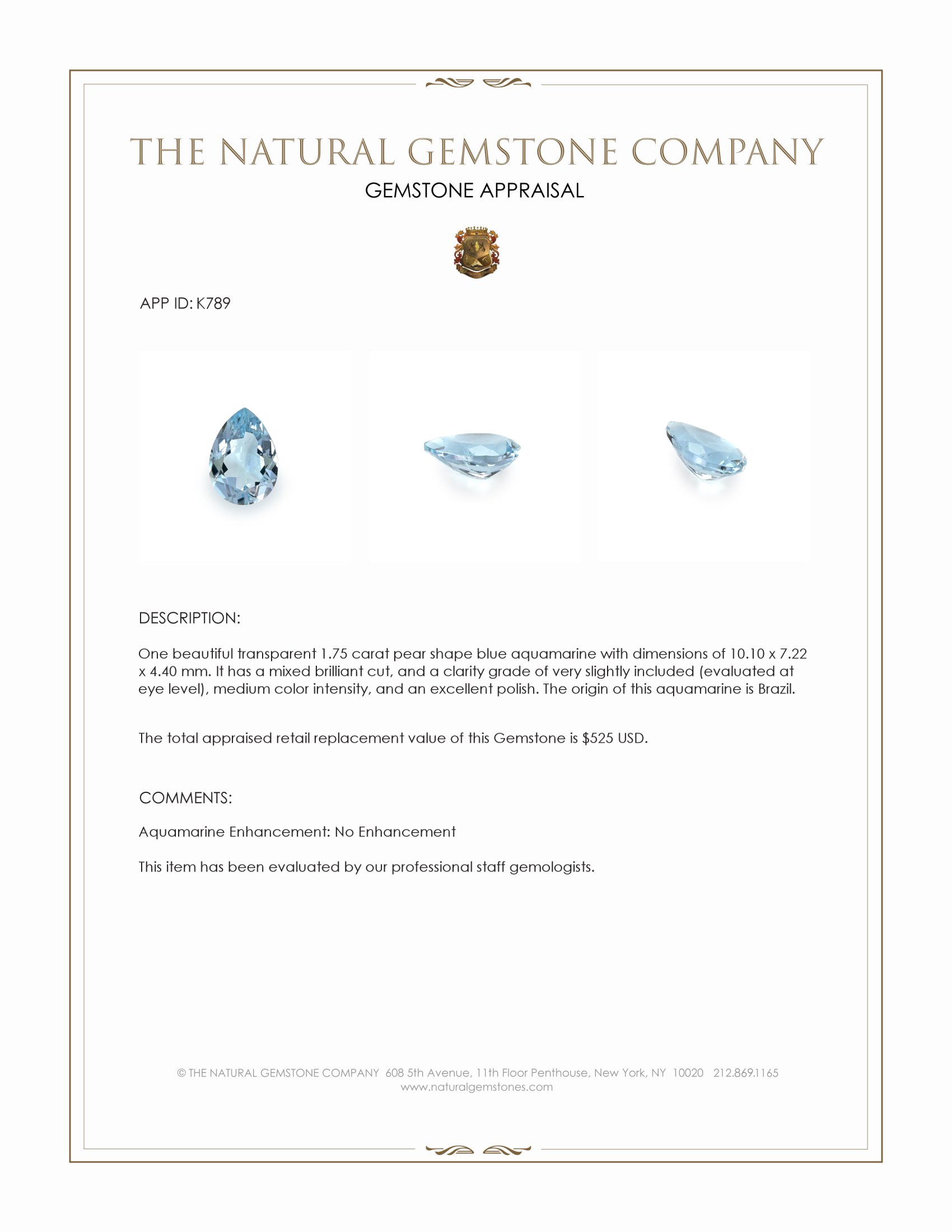 1.75 Ct. Blue Aquamarine from Brazil