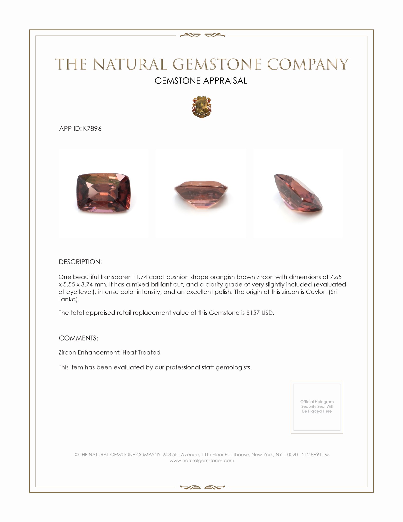 1.74 Ct. Orangish Brown Zircon from Ceylon (Sri Lanka)