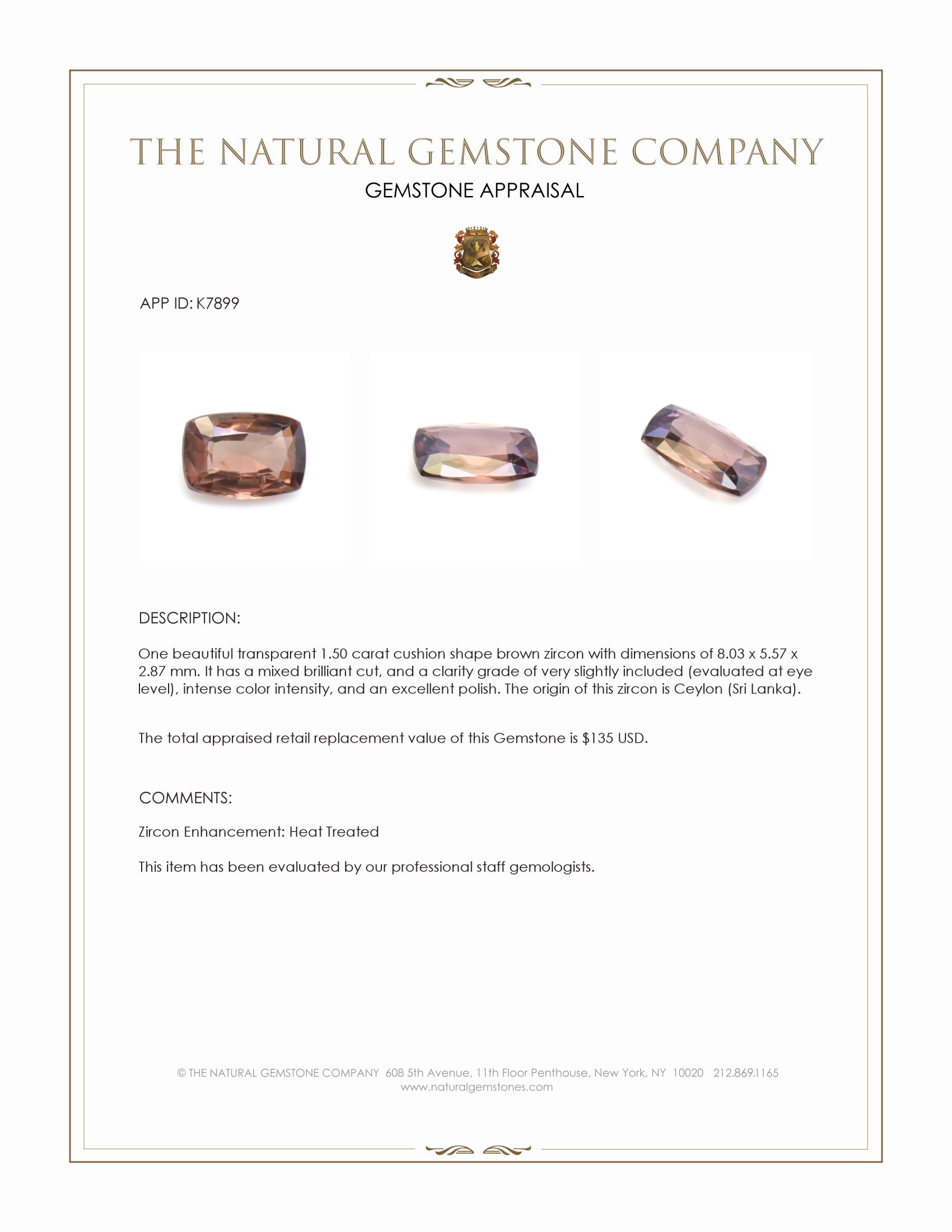 1.50 Ct. Brown Zircon from Ceylon (Sri Lanka)