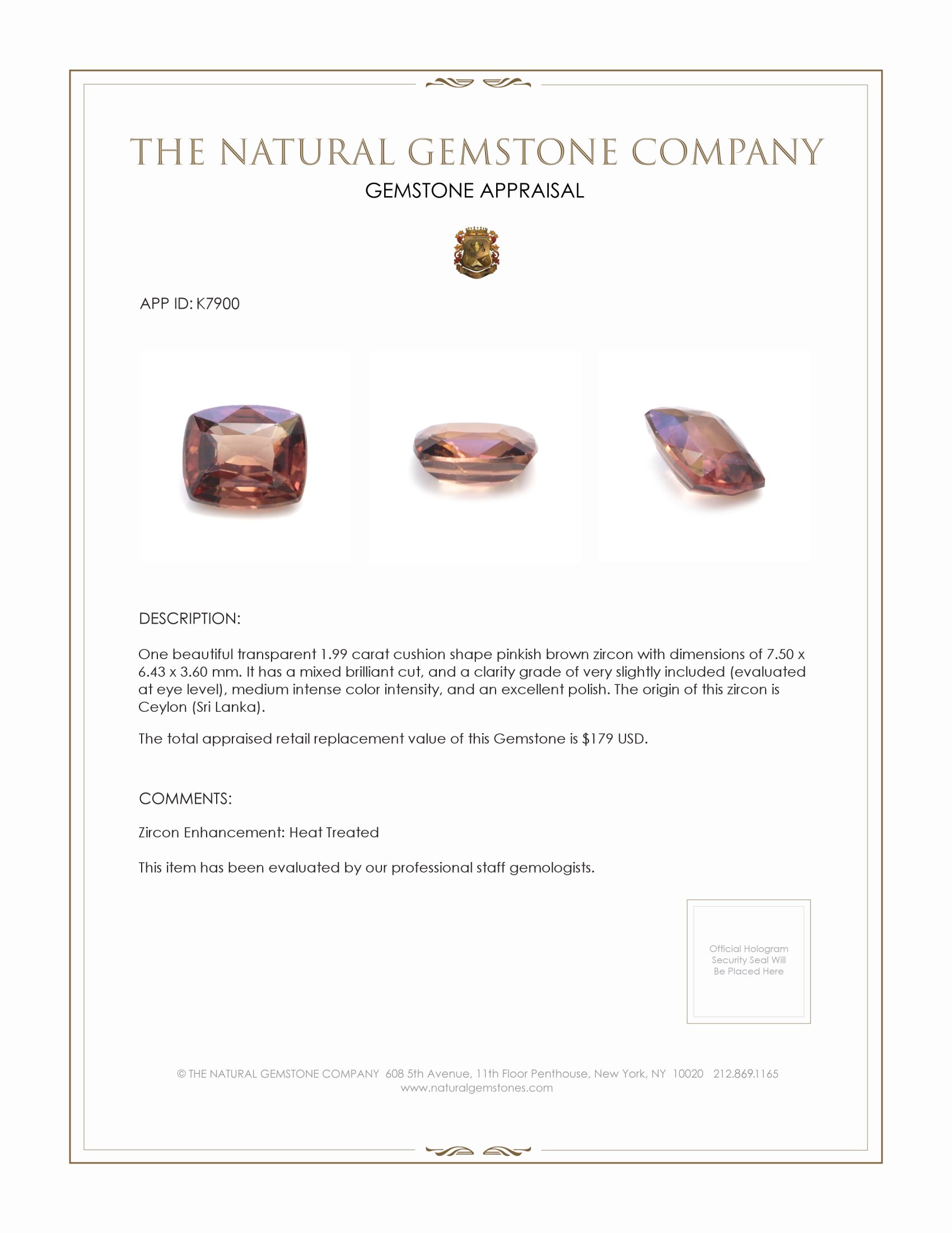 1.99 Ct. Pinkish Brown Zircon from Ceylon (Sri Lanka)