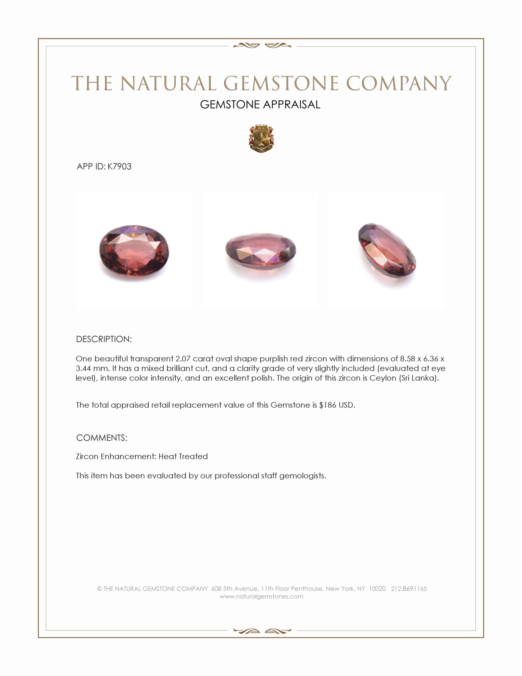 2.07 Ct. Purplish Red Zircon from Ceylon (Sri Lanka)