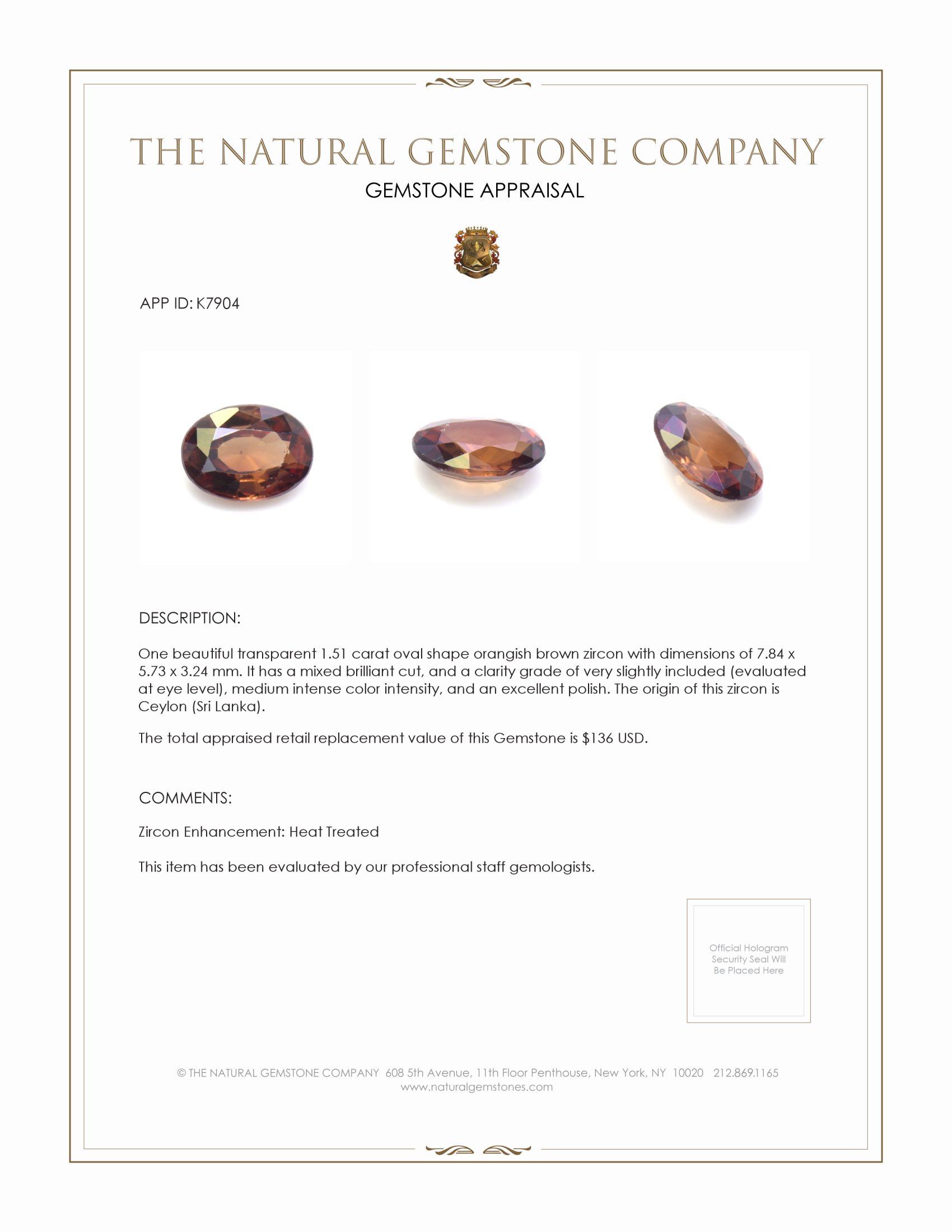1.51 Ct. Orangish Brown Zircon from Ceylon (Sri Lanka)