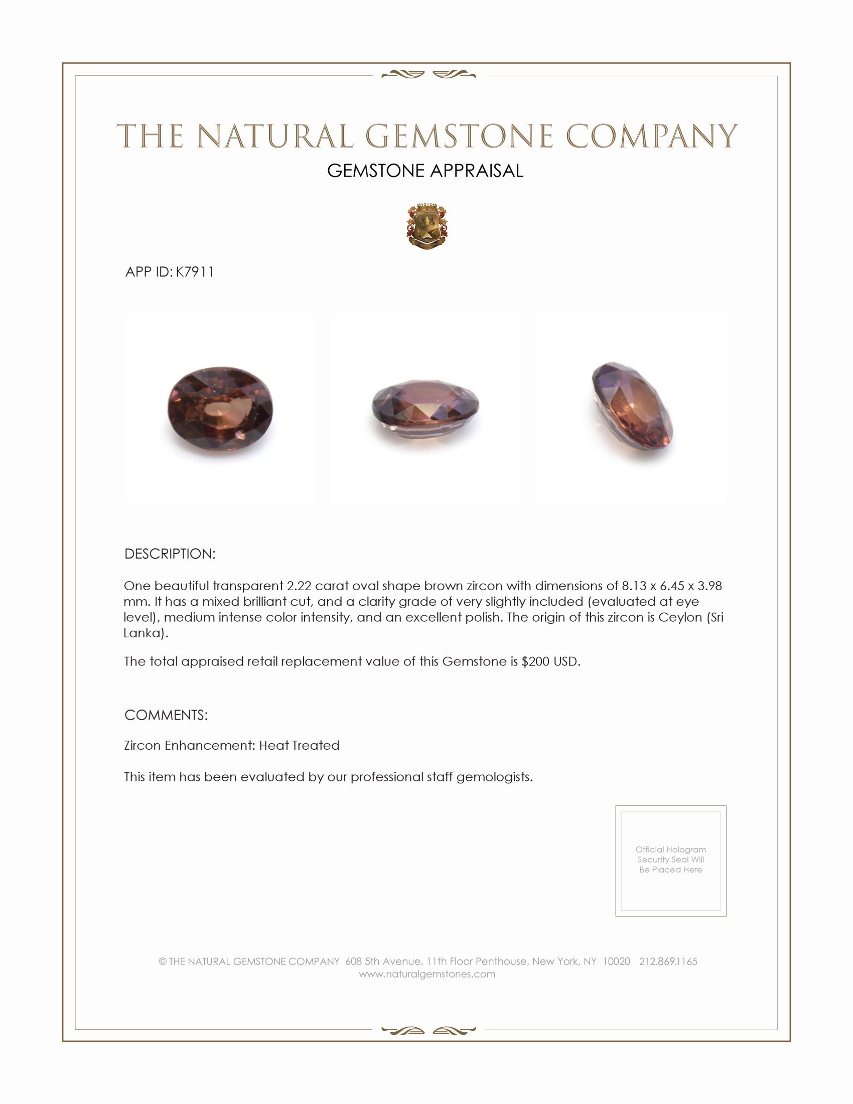 2.22 Ct. Brown Zircon from Ceylon (Sri Lanka)