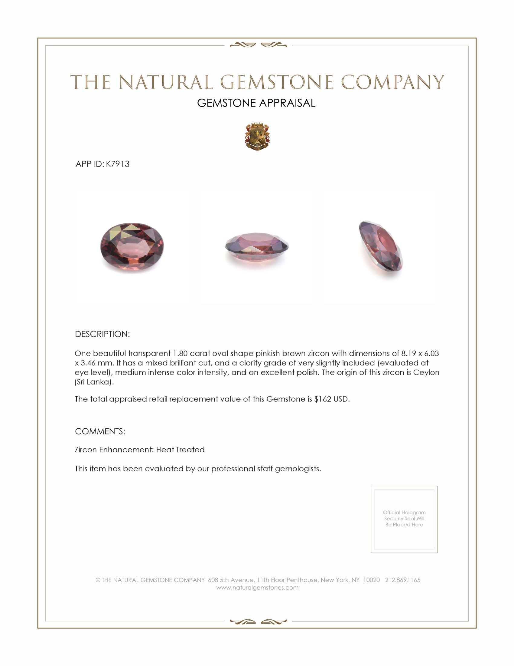 1.80 Ct. Pinkish Brown Zircon from Ceylon (Sri Lanka)