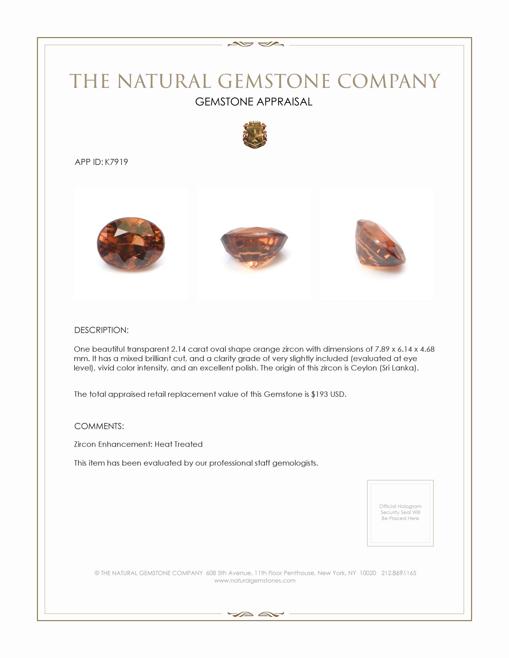 2.14 Ct. Orange Zircon from Ceylon (Sri Lanka)