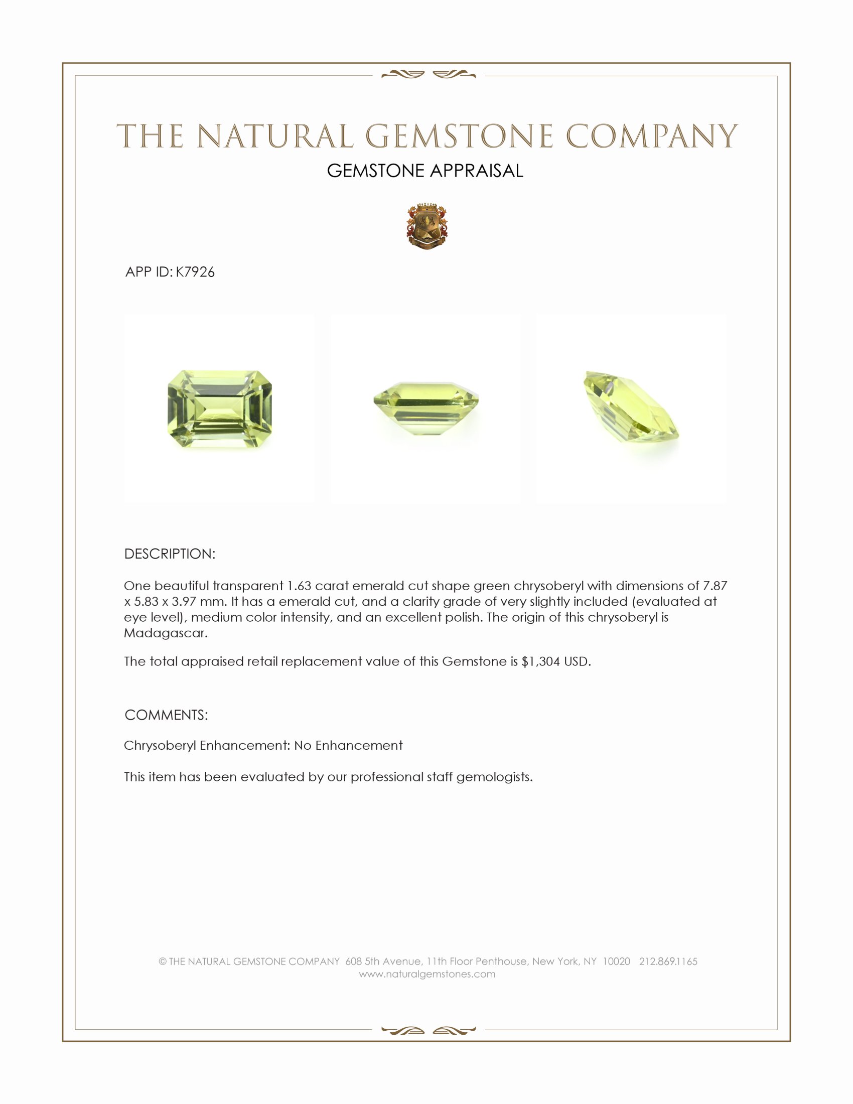 1.63 Ct. Green Chrysoberyl from Madagascar