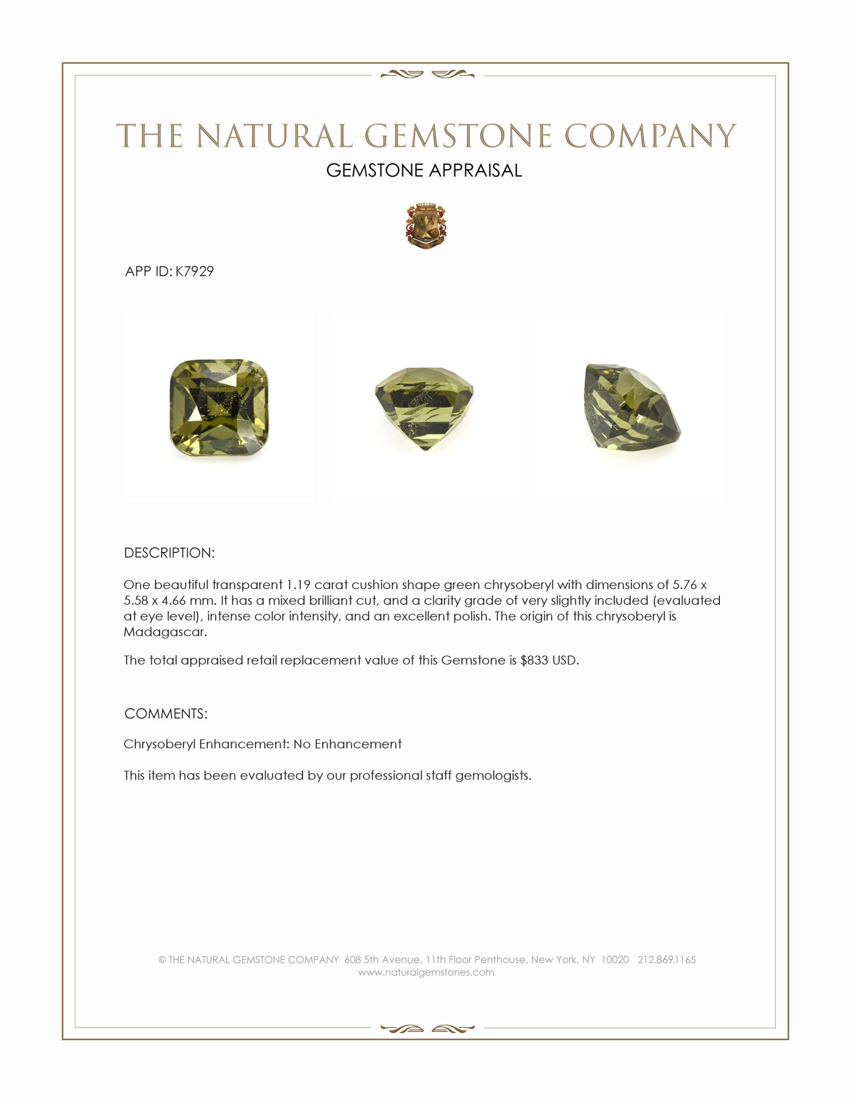 1.19 Ct. Green Chrysoberyl from Madagascar