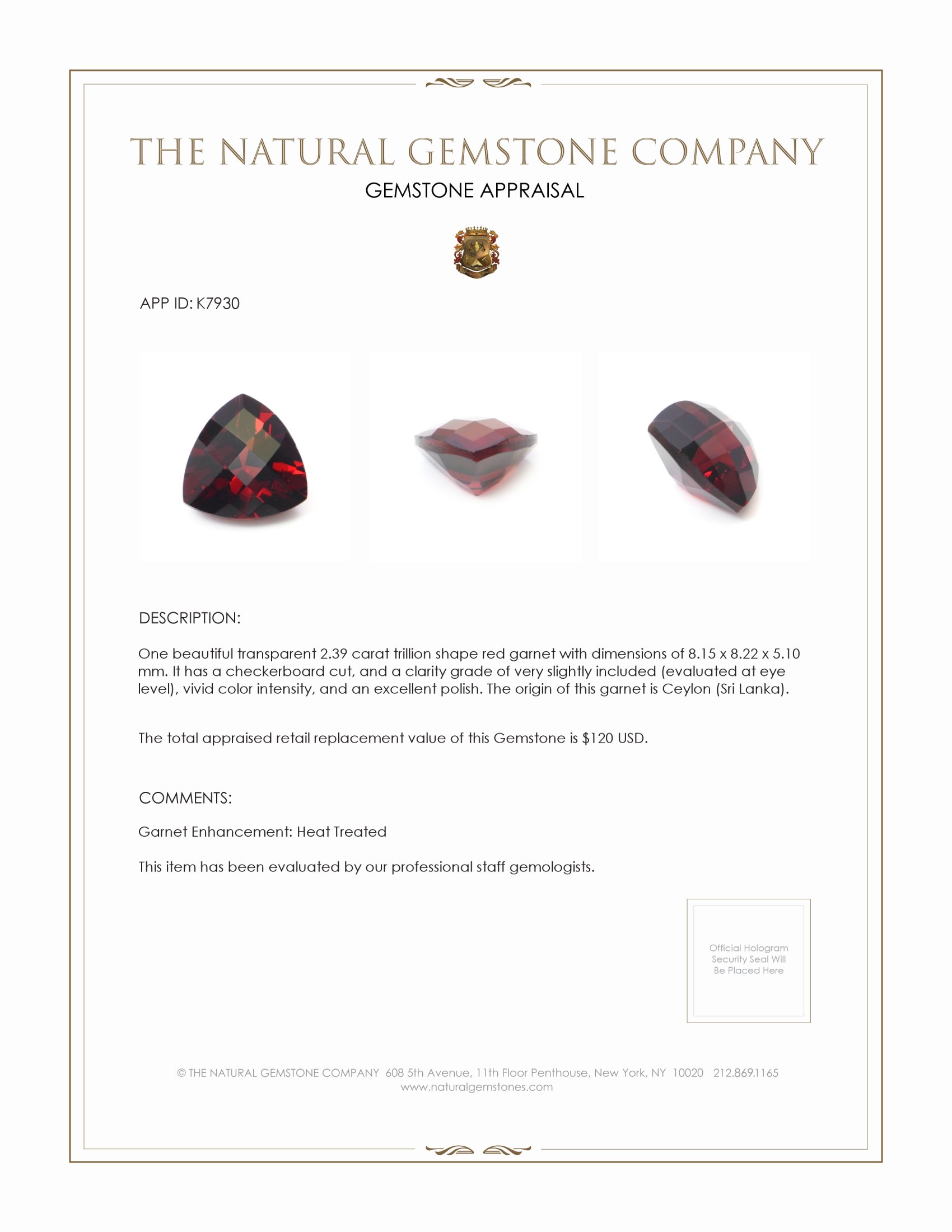 2.39 Ct. Red Garnet from Ceylon (Sri Lanka)