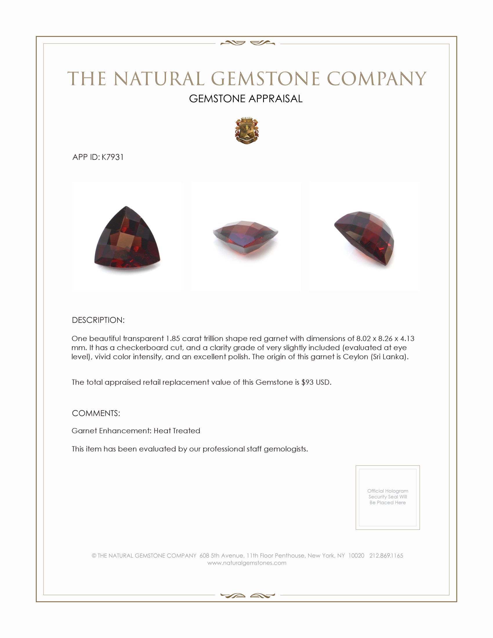 1.85 Ct. Garnet from Ceylon (Sri Lanka)