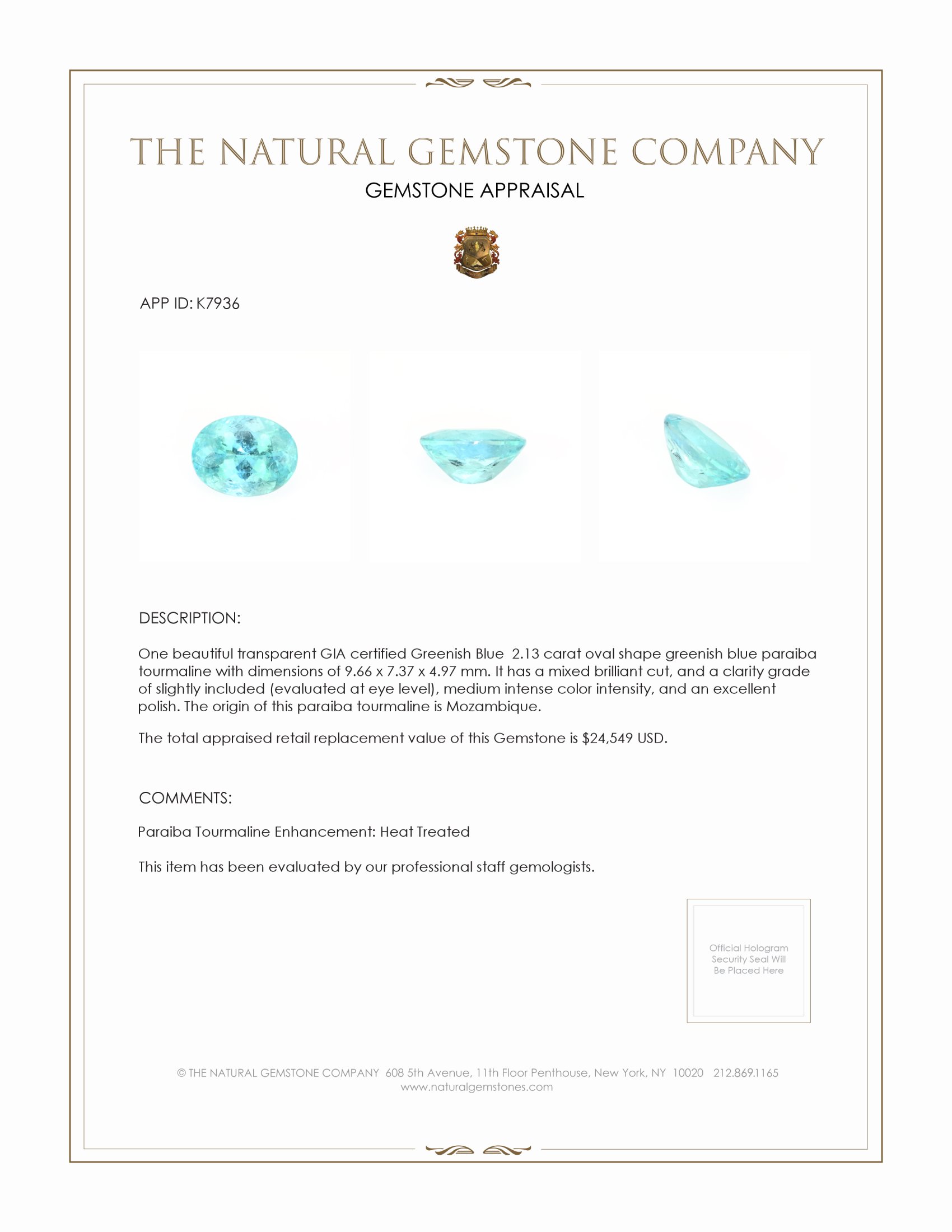 2.13 Ct. Greenish Blue Paraiba Tourmaline from Mozambique