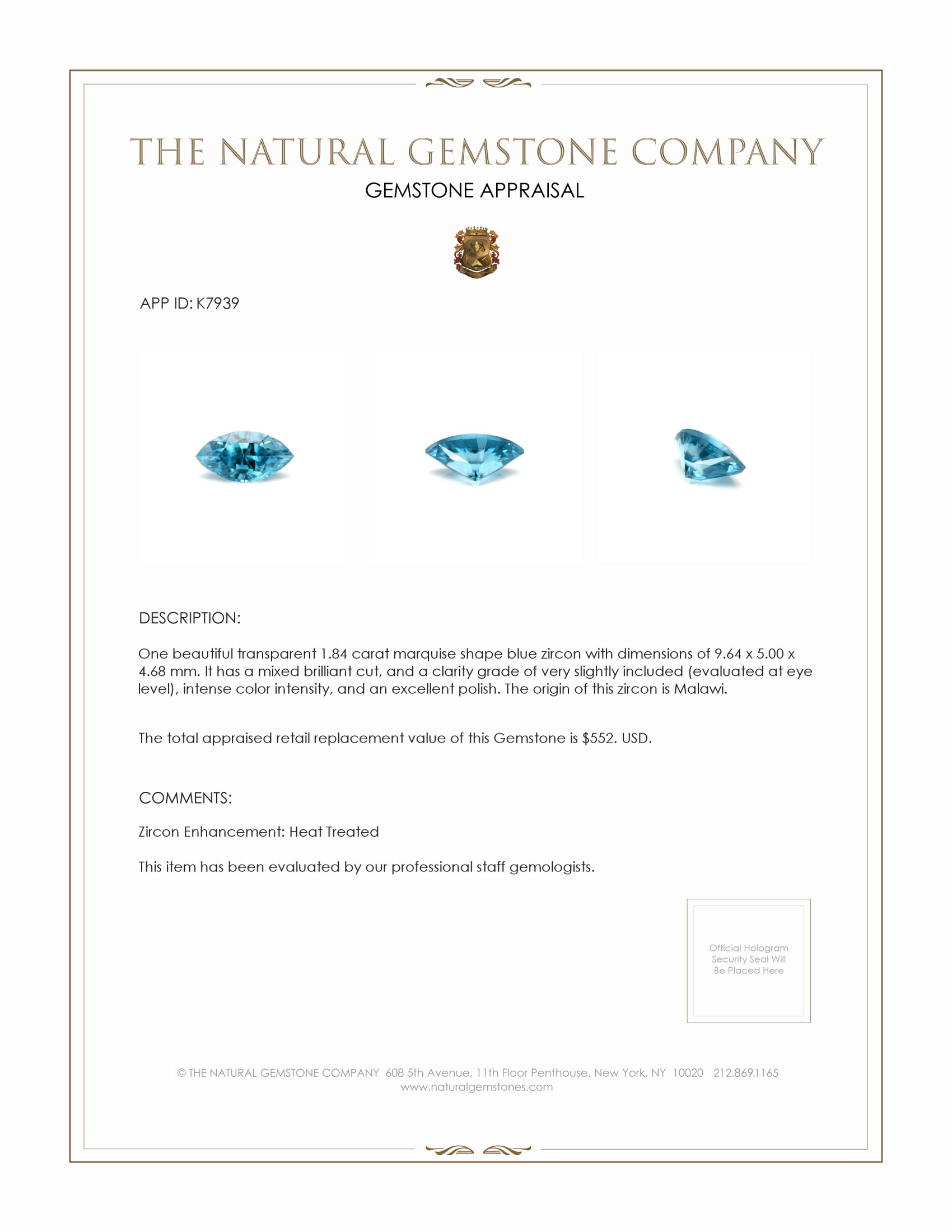 1.84 Ct. Zircon from Malawi