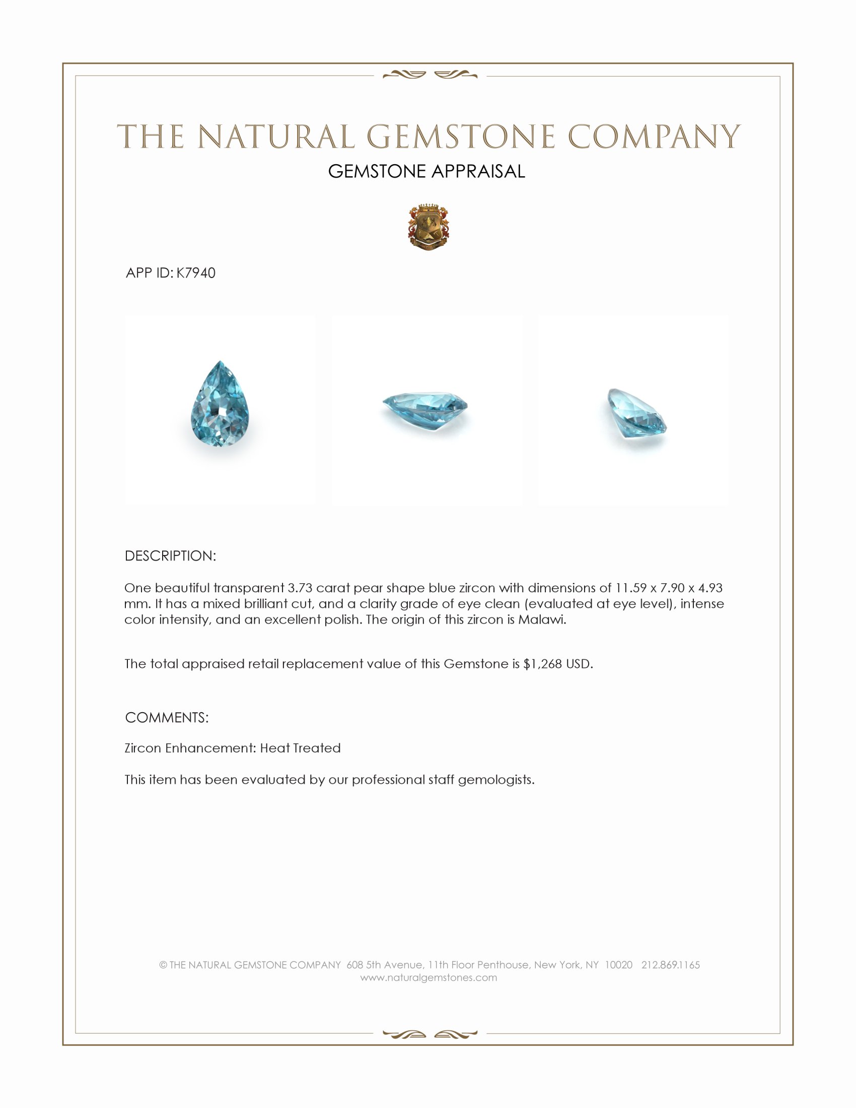 3.73 Ct. Blue Zircon from Malawi