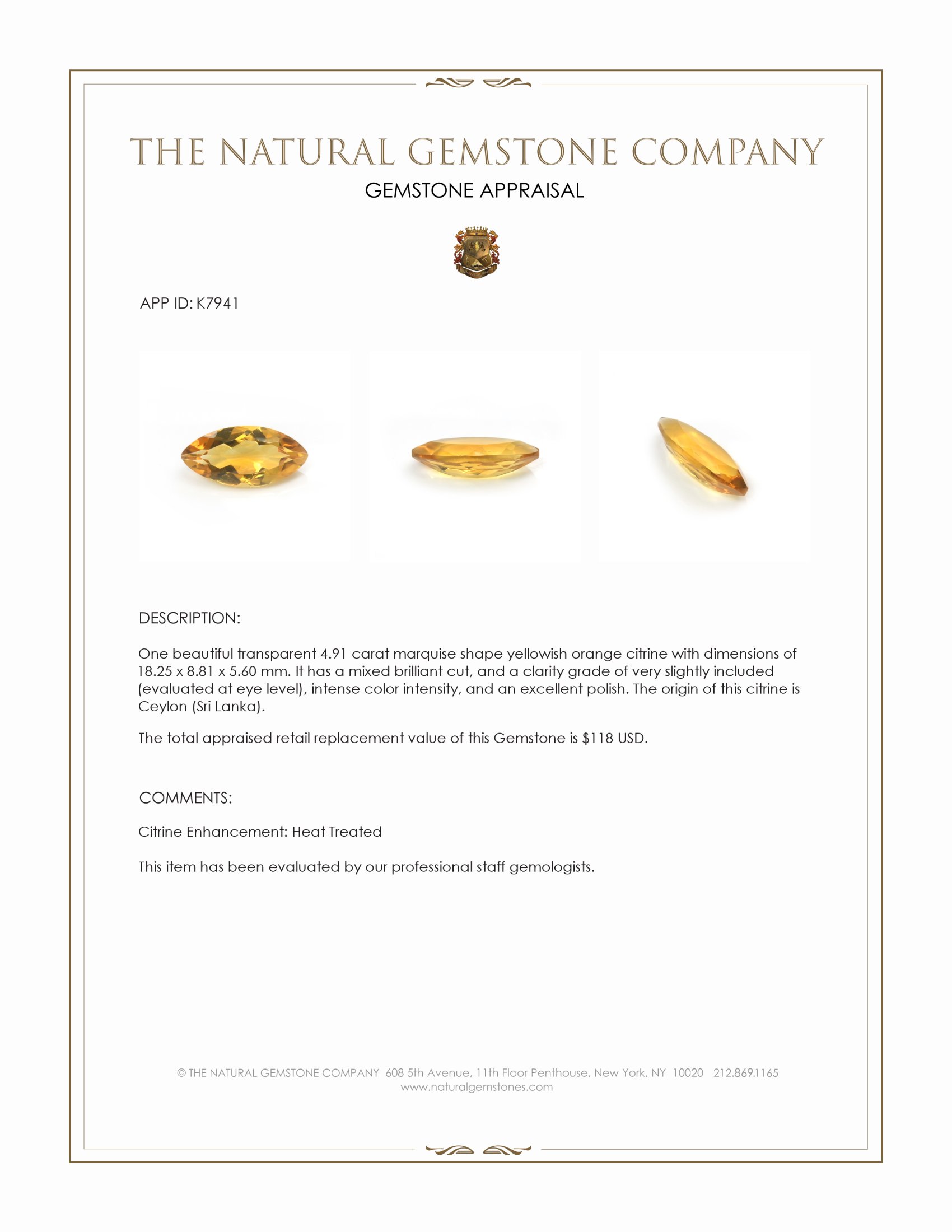 4.91 Ct. Yellowish Orange Citrine from Ceylon (Sri Lanka)