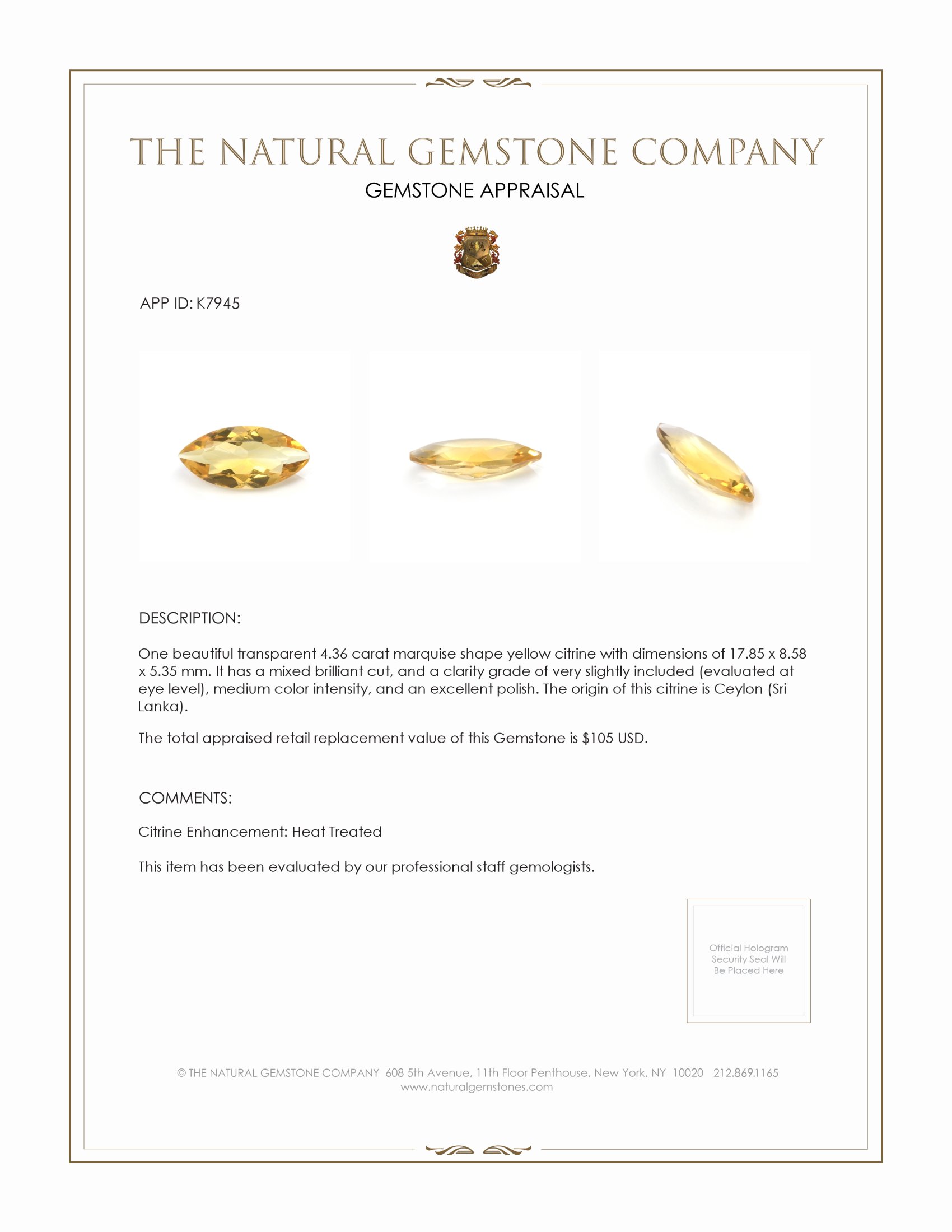 4.36 Ct. Citrine from Ceylon (Sri Lanka)