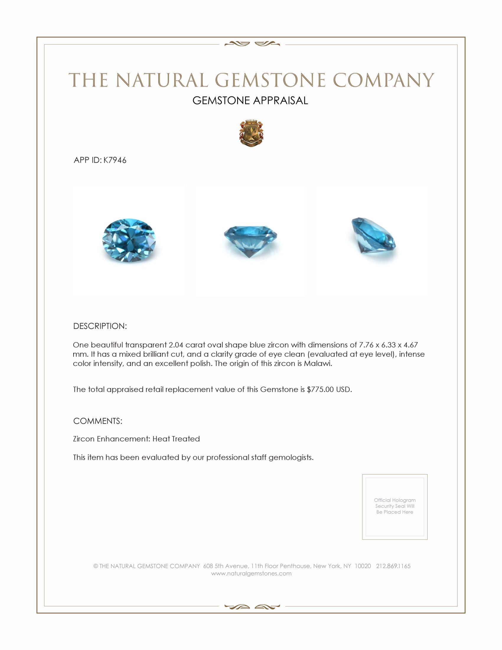 2.04 Ct. Zircon from Malawi