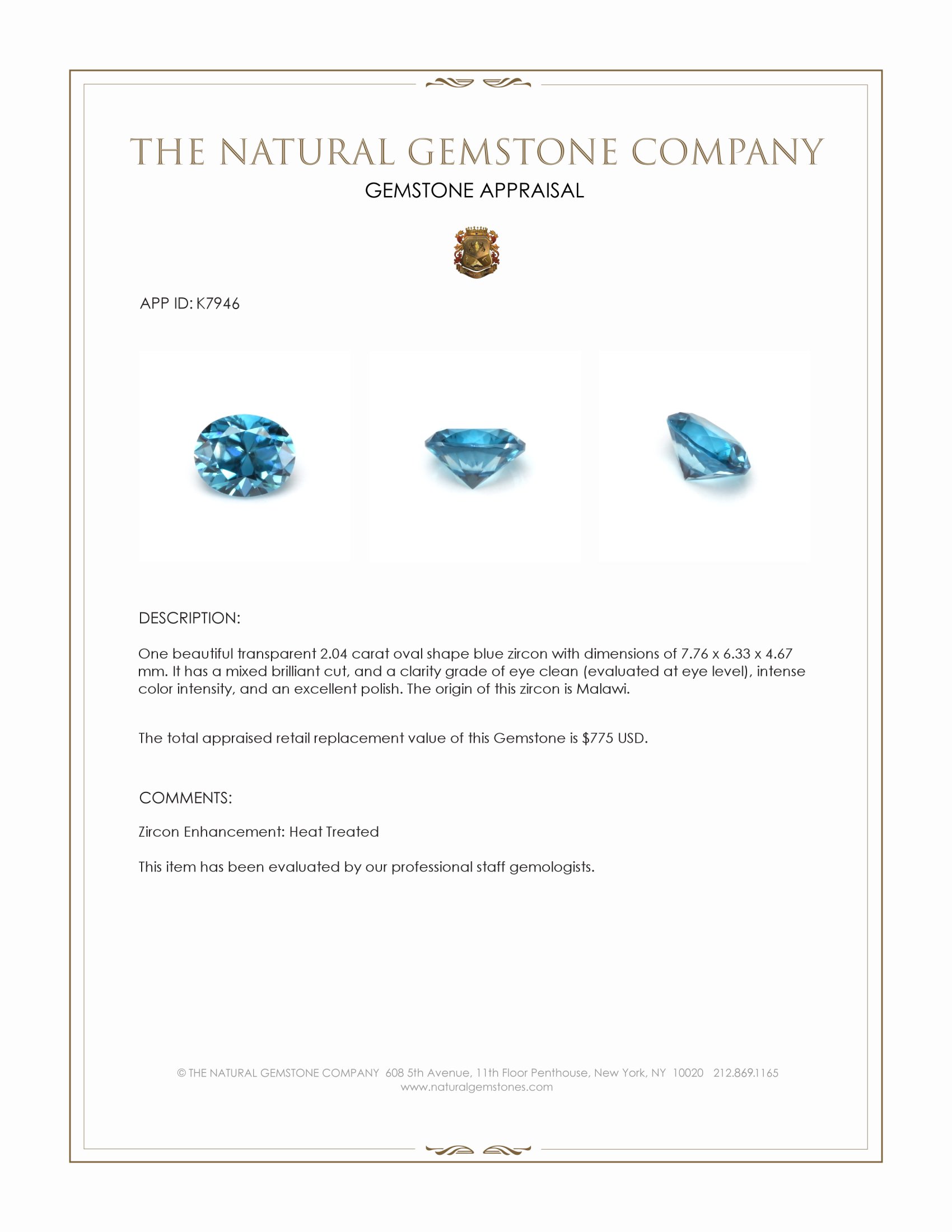 2.04 Ct. Blue Zircon from Malawi