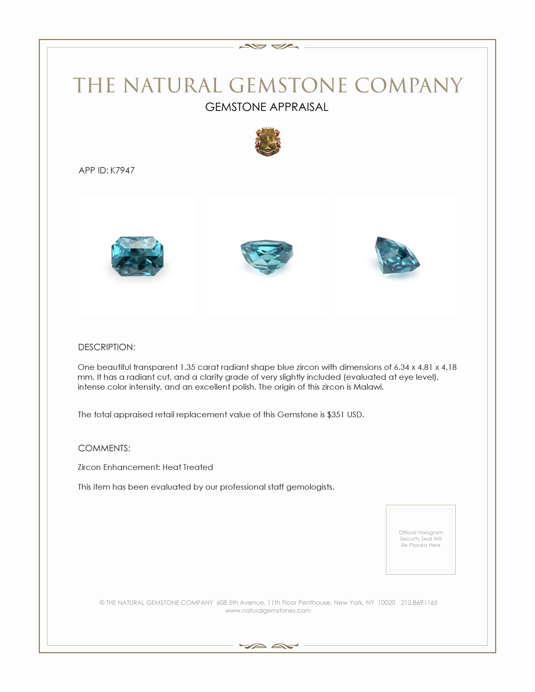 1.35 Ct. Zircon from Malawi