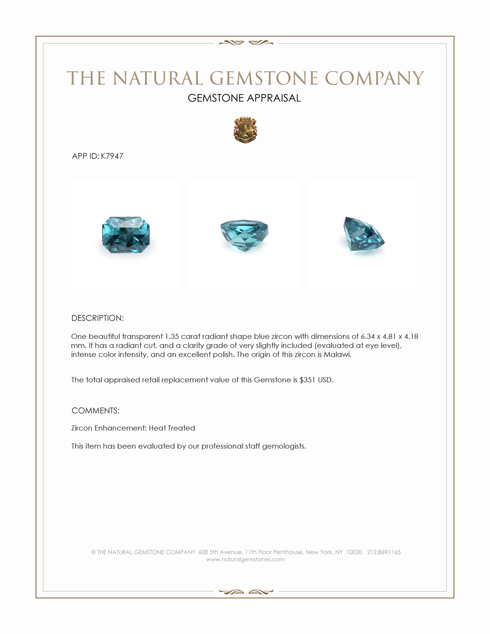 1.35 Ct. Blue Zircon from Malawi