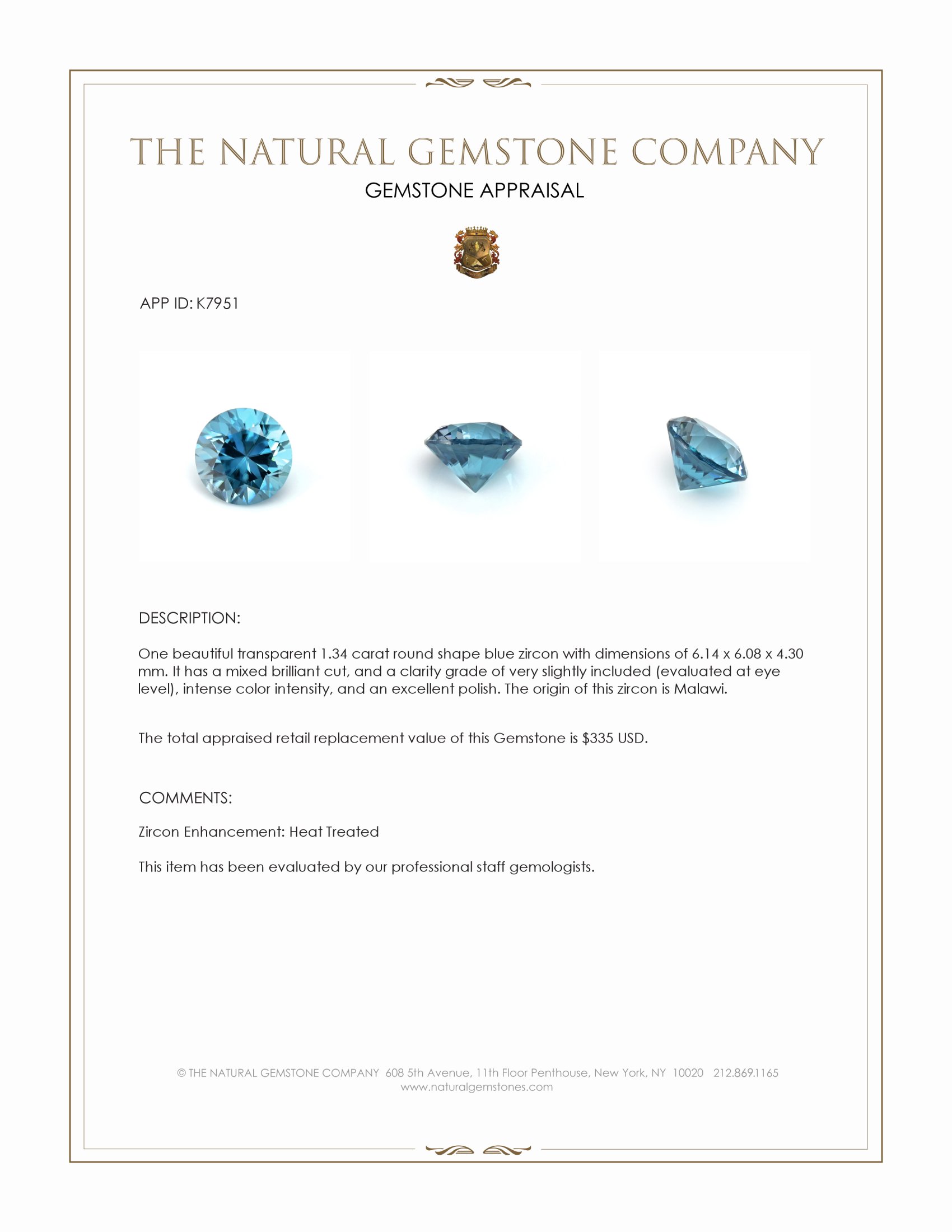 1.34 Ct. Blue Zircon from Malawi