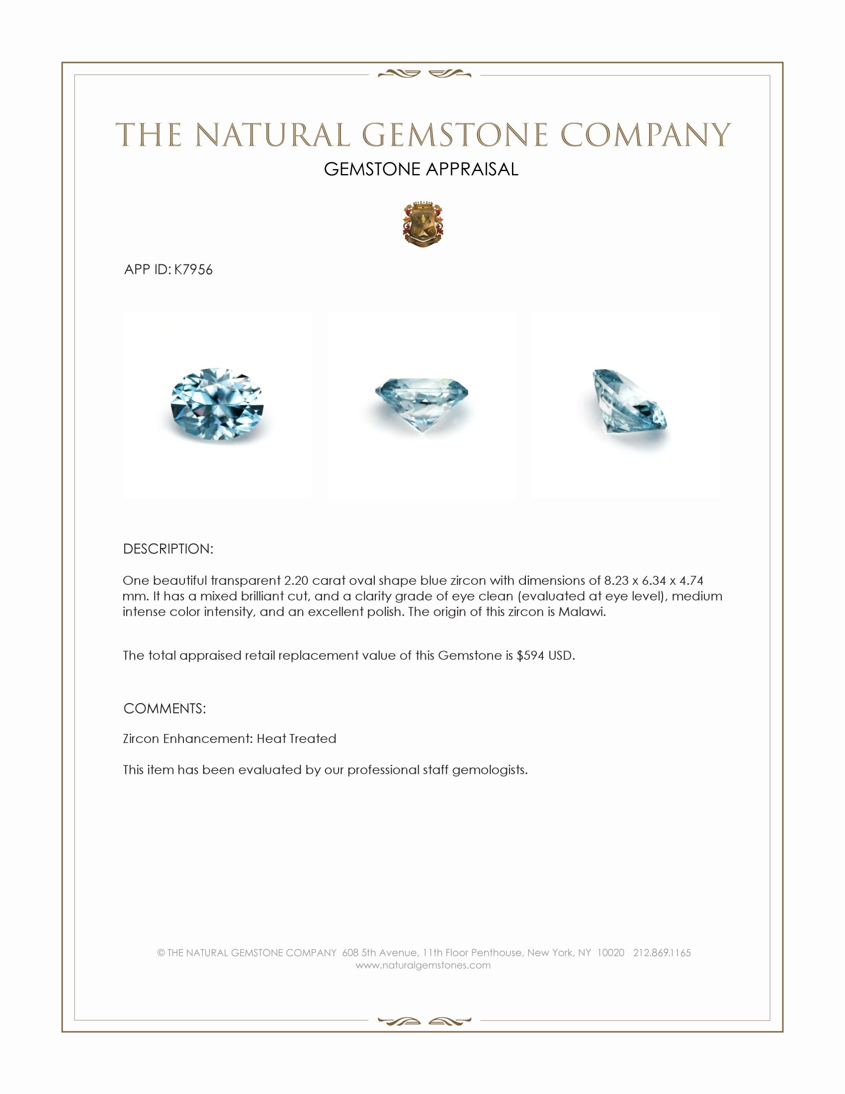 2.20 Ct. Blue Zircon from Malawi