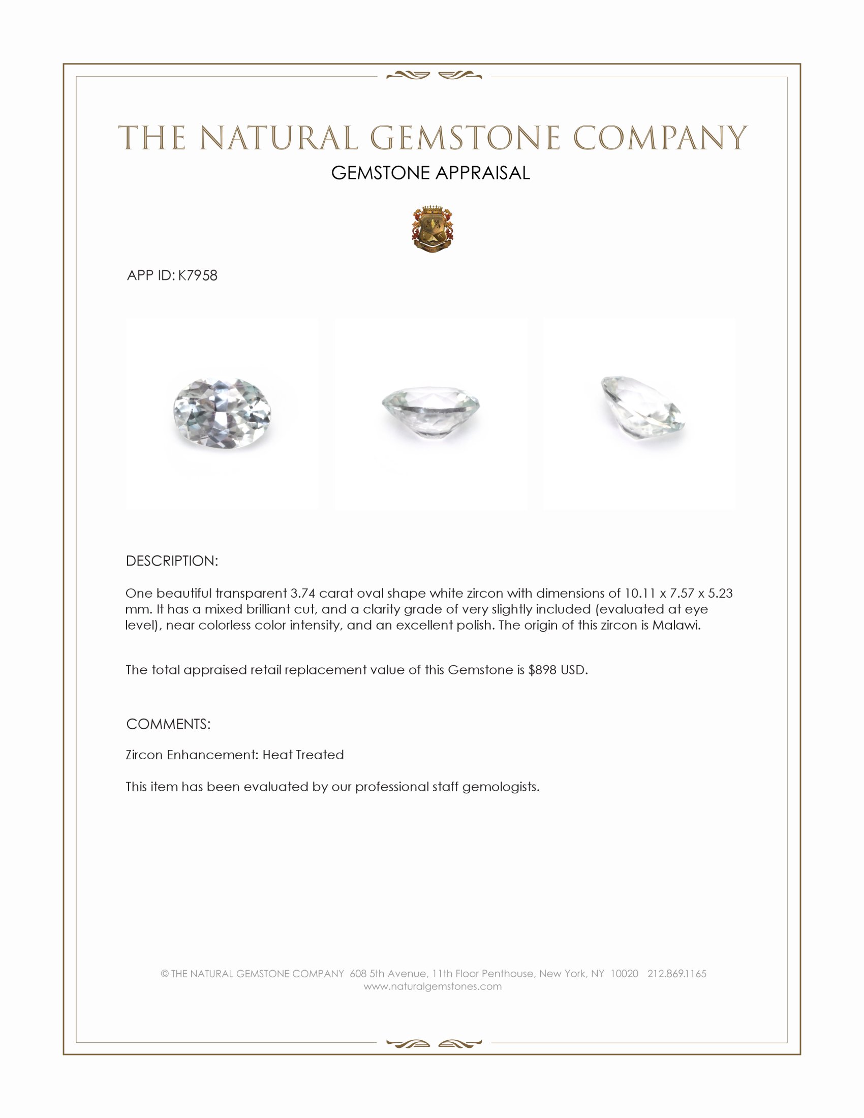 3.74 Ct. White Zircon from Malawi