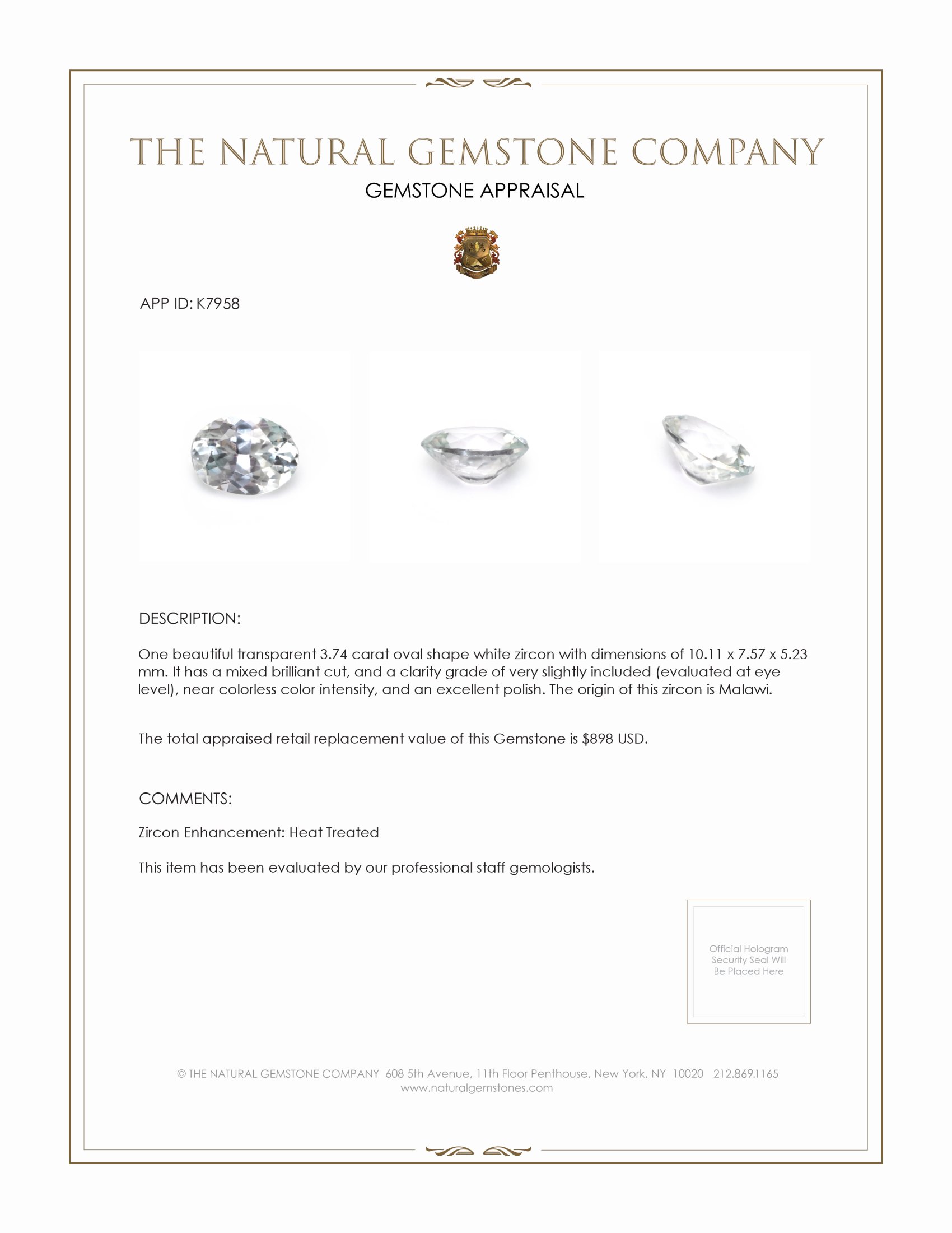 3.74 Ct. Zircon from Malawi