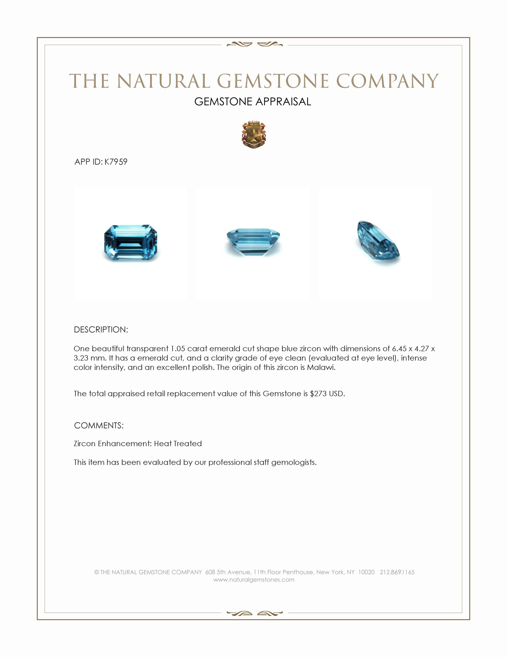 1.05 Ct. Zircon from Malawi