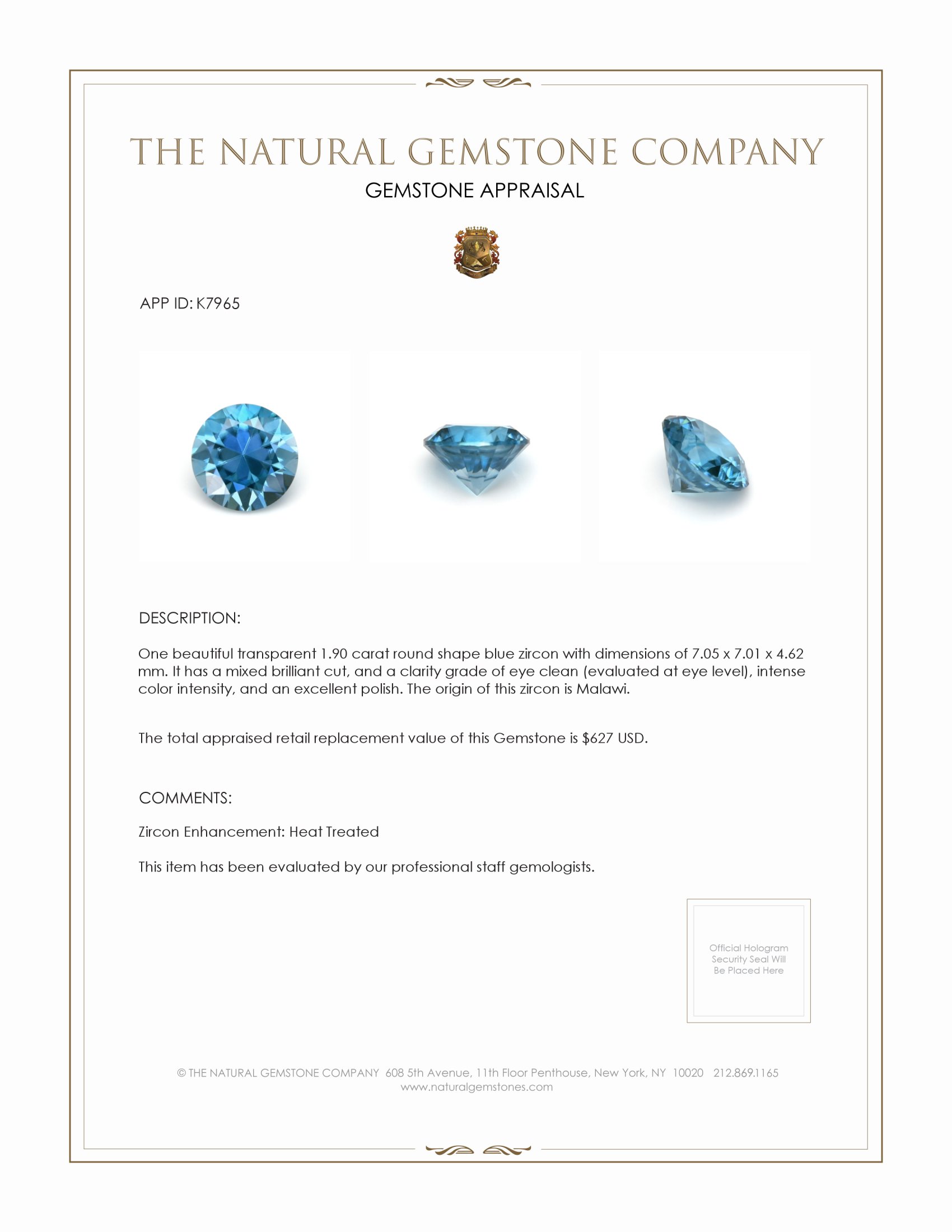 1.90 Ct. Zircon from Malawi