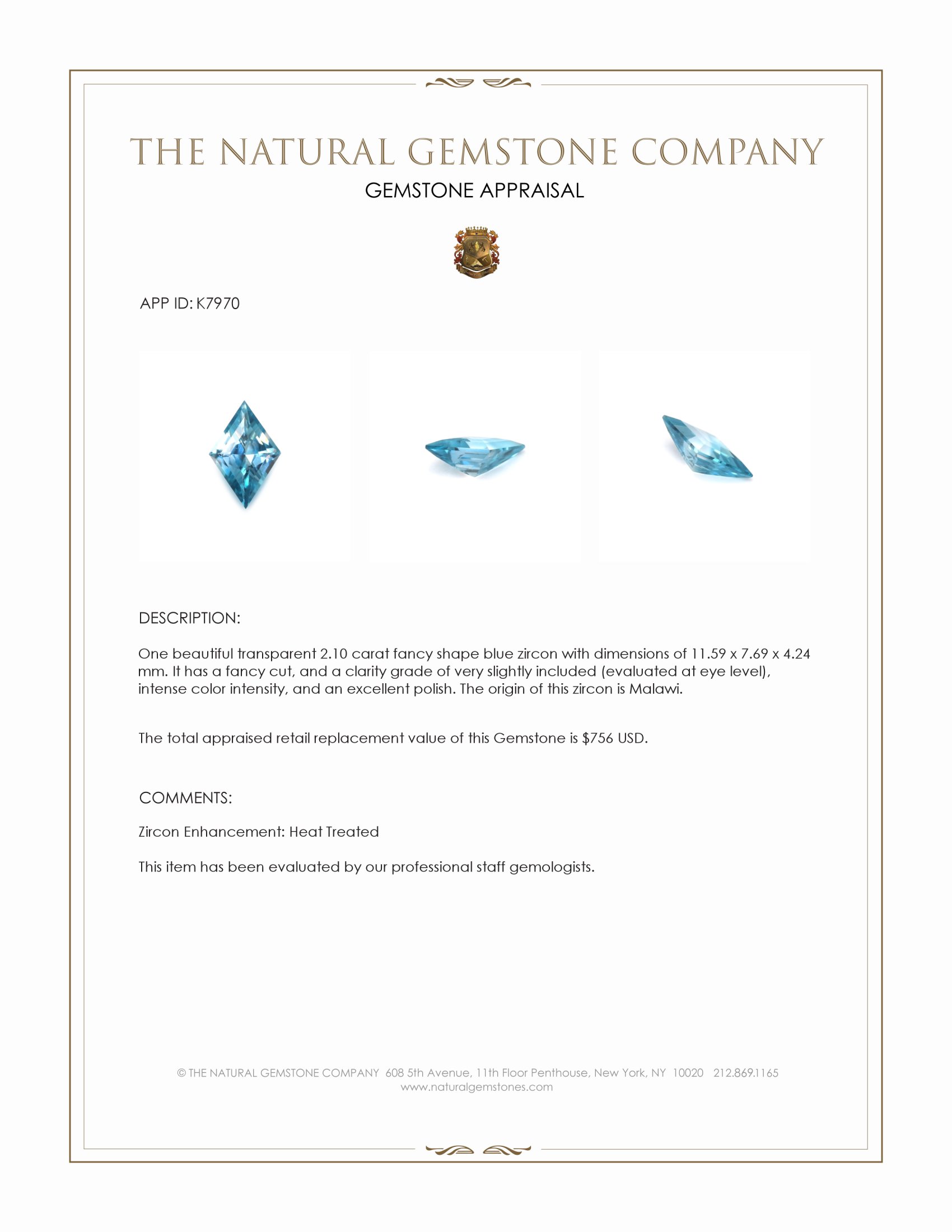 2.10 Ct. Blue Zircon from Malawi