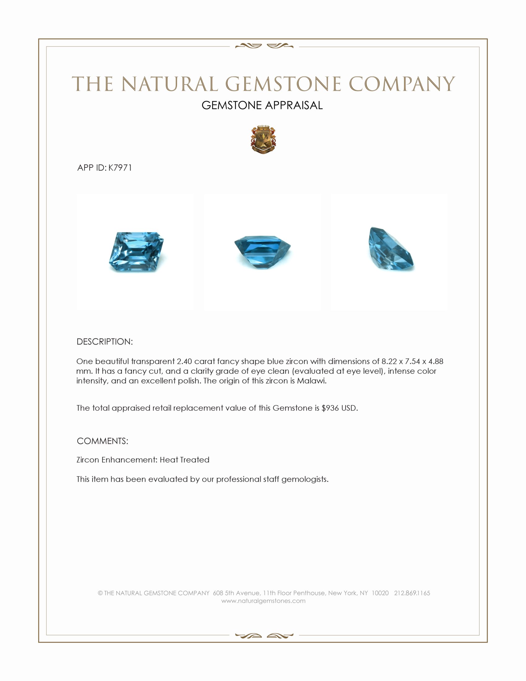 2.40 Ct. Blue Zircon from Malawi