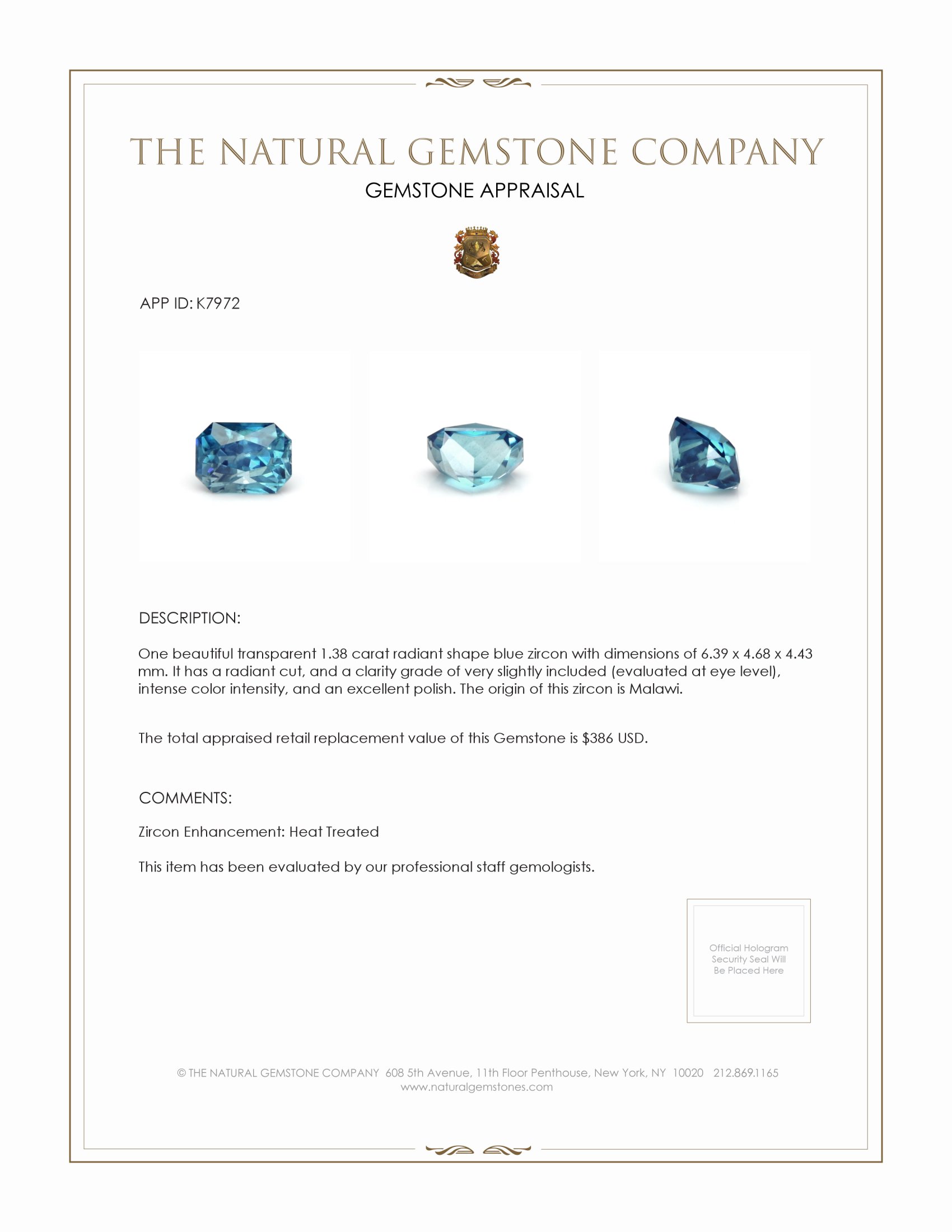 1.38 Ct. Zircon from Malawi