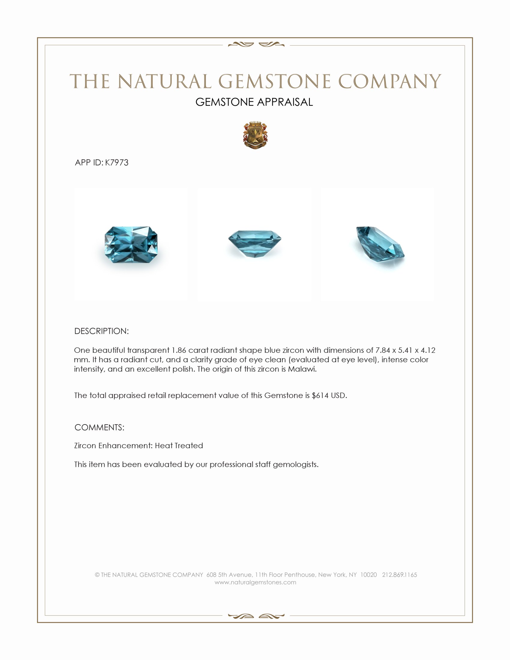 1.86 Ct. Blue Zircon from Malawi