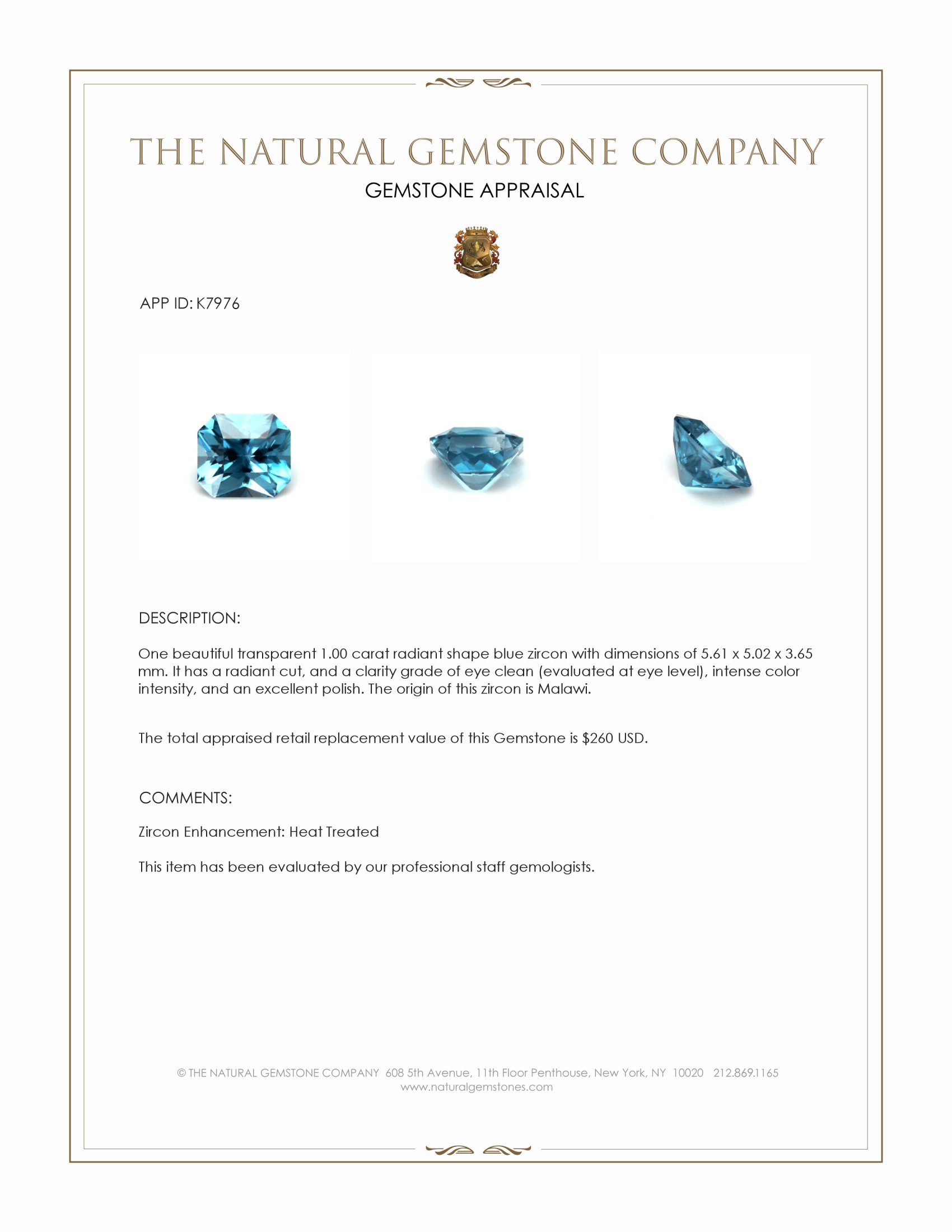 1.00 Ct. Blue Zircon from Malawi