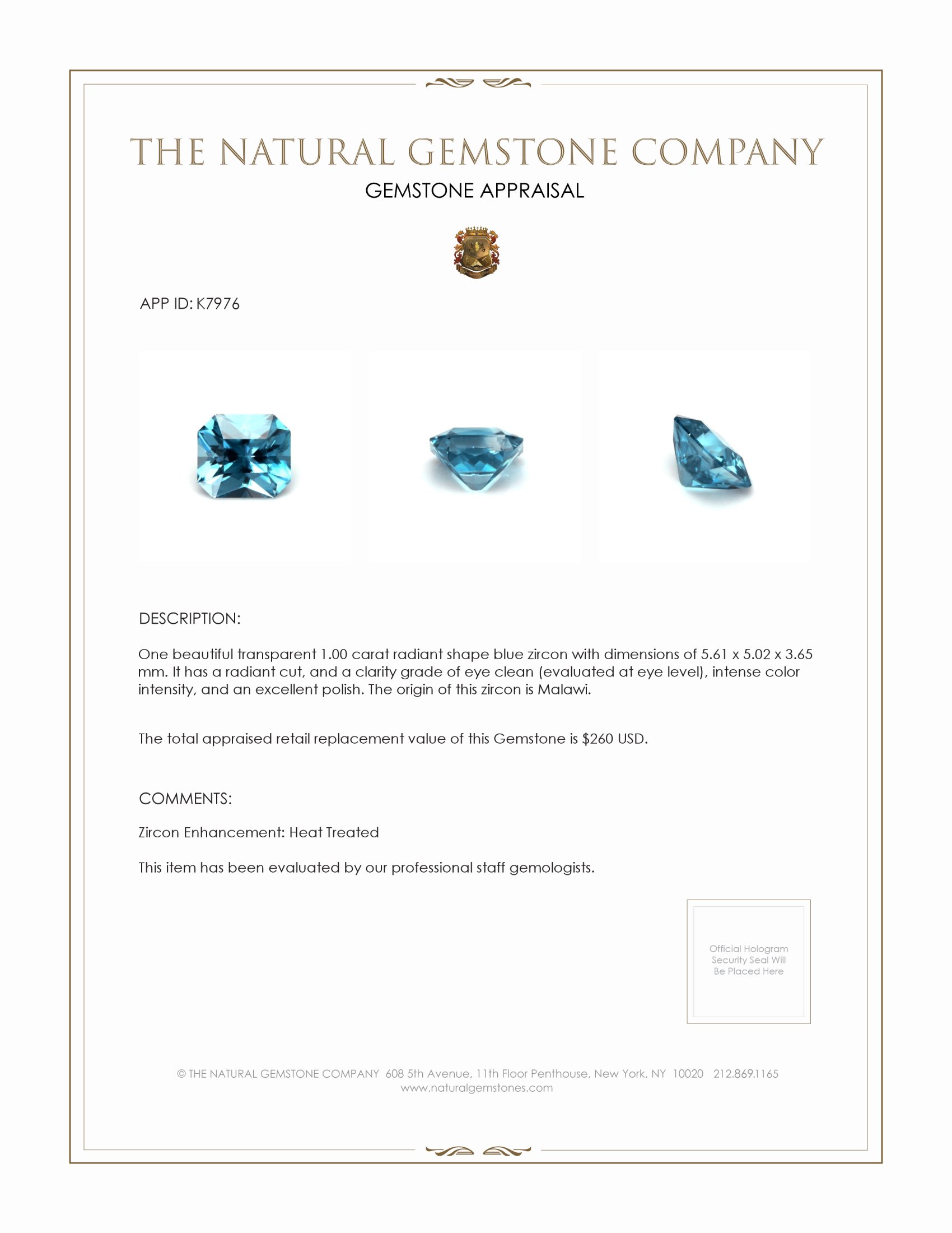 1.00 Ct. Zircon from Malawi