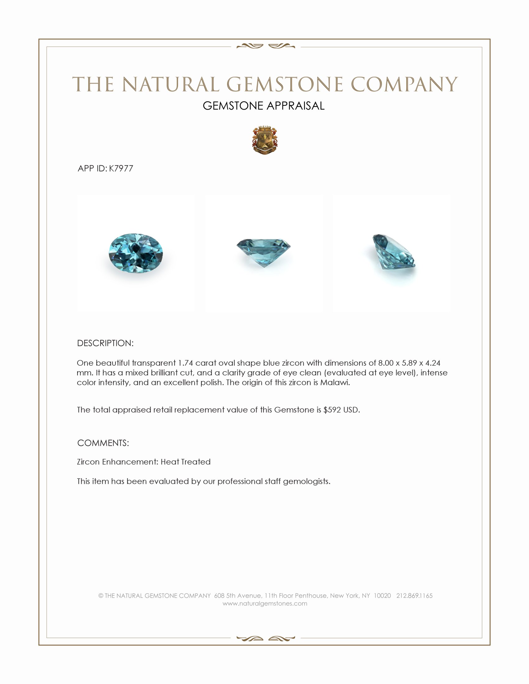 1.74 Ct. Blue Zircon from Malawi