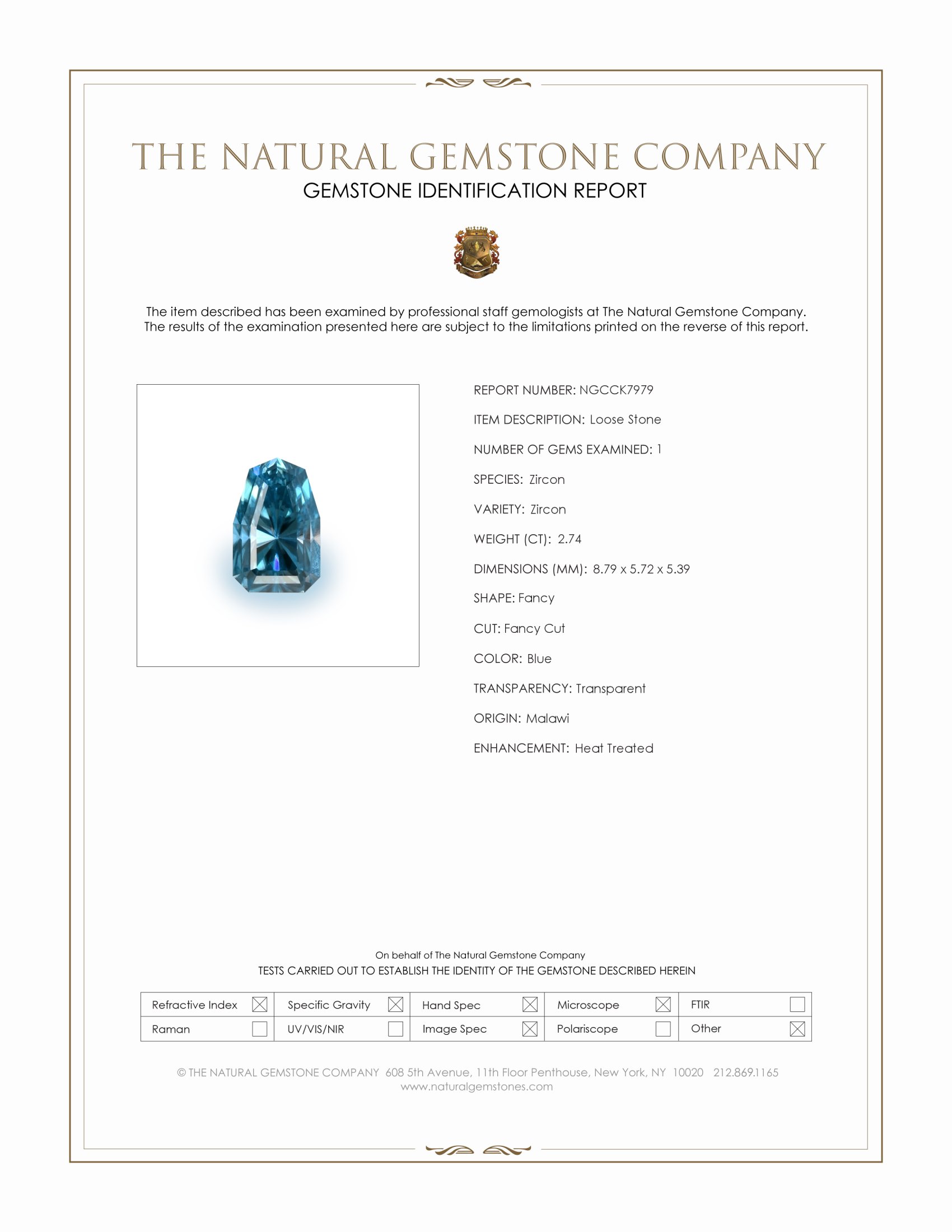 2.74 Ct. Blue Zircon from Malawi