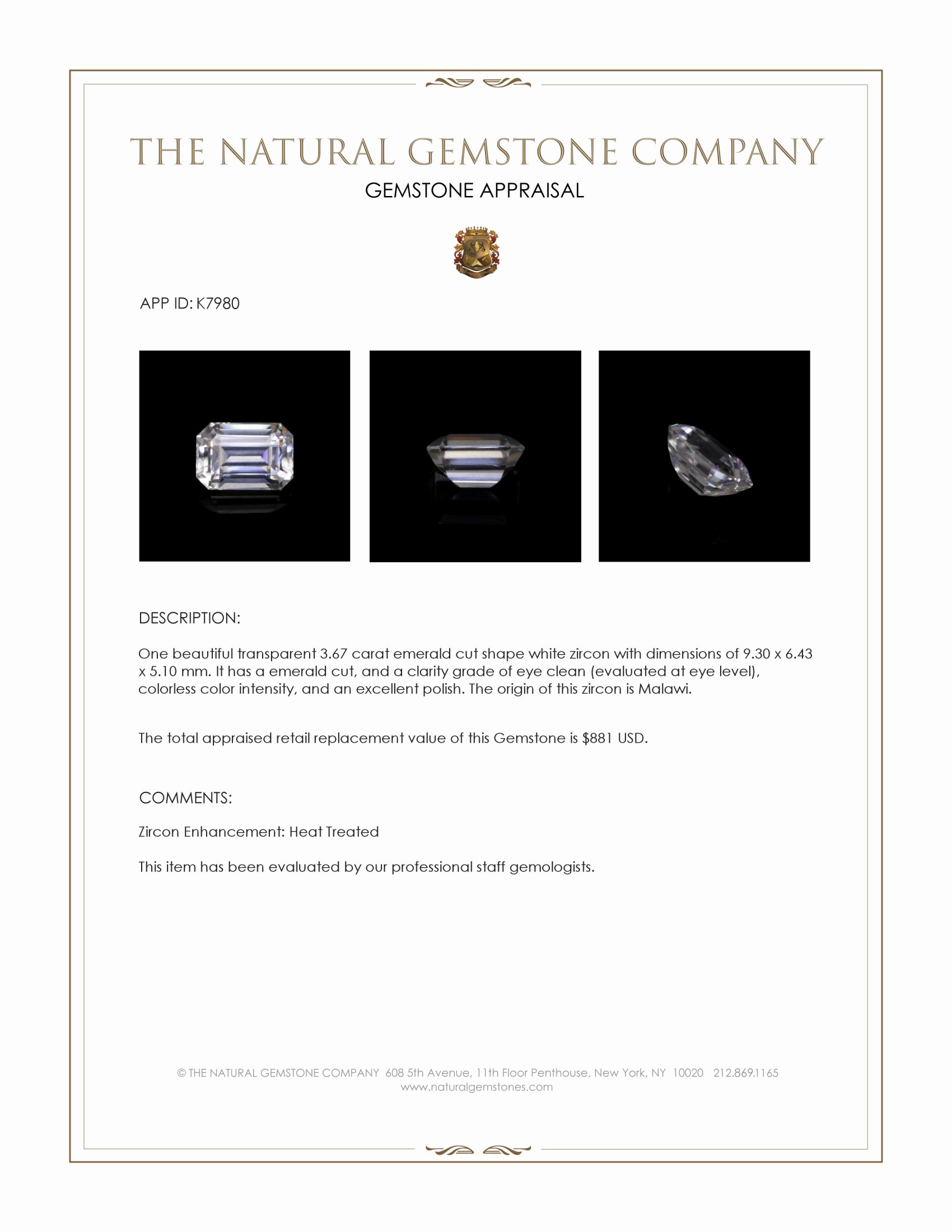 3.67 Ct. White Zircon from Malawi