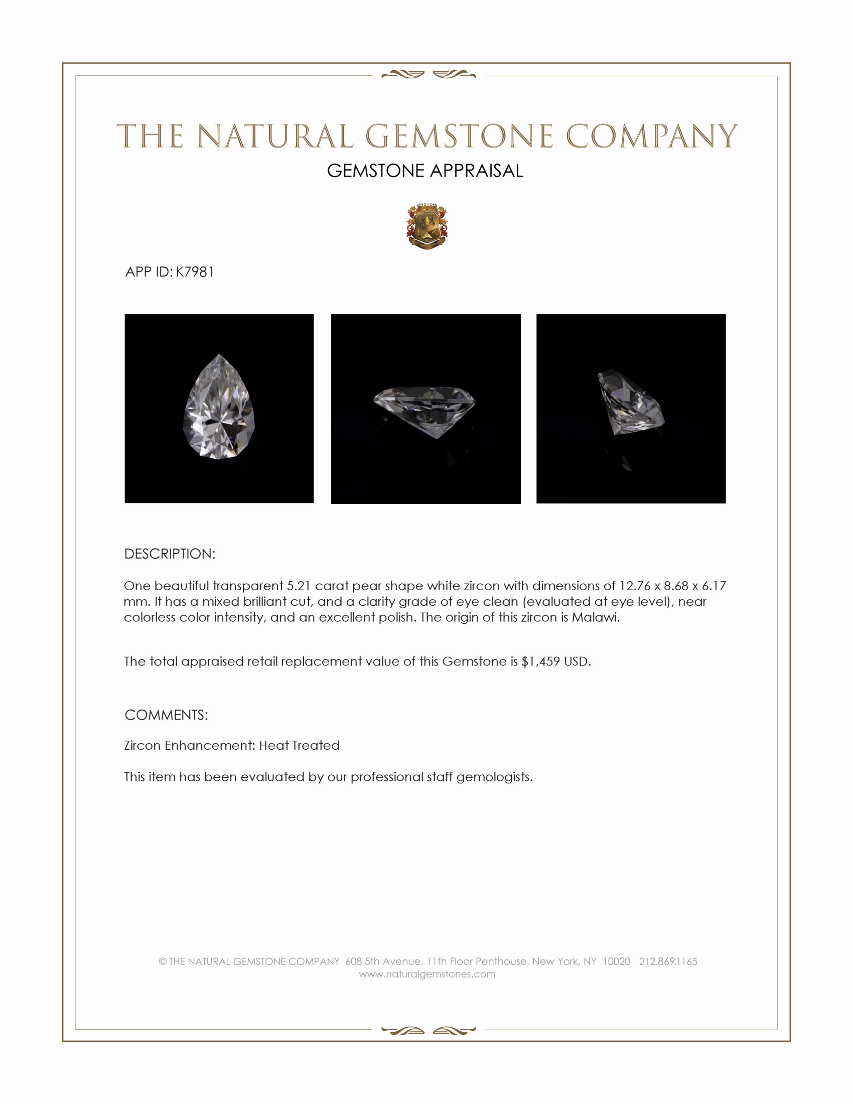 5.21 Ct. White Zircon from Malawi