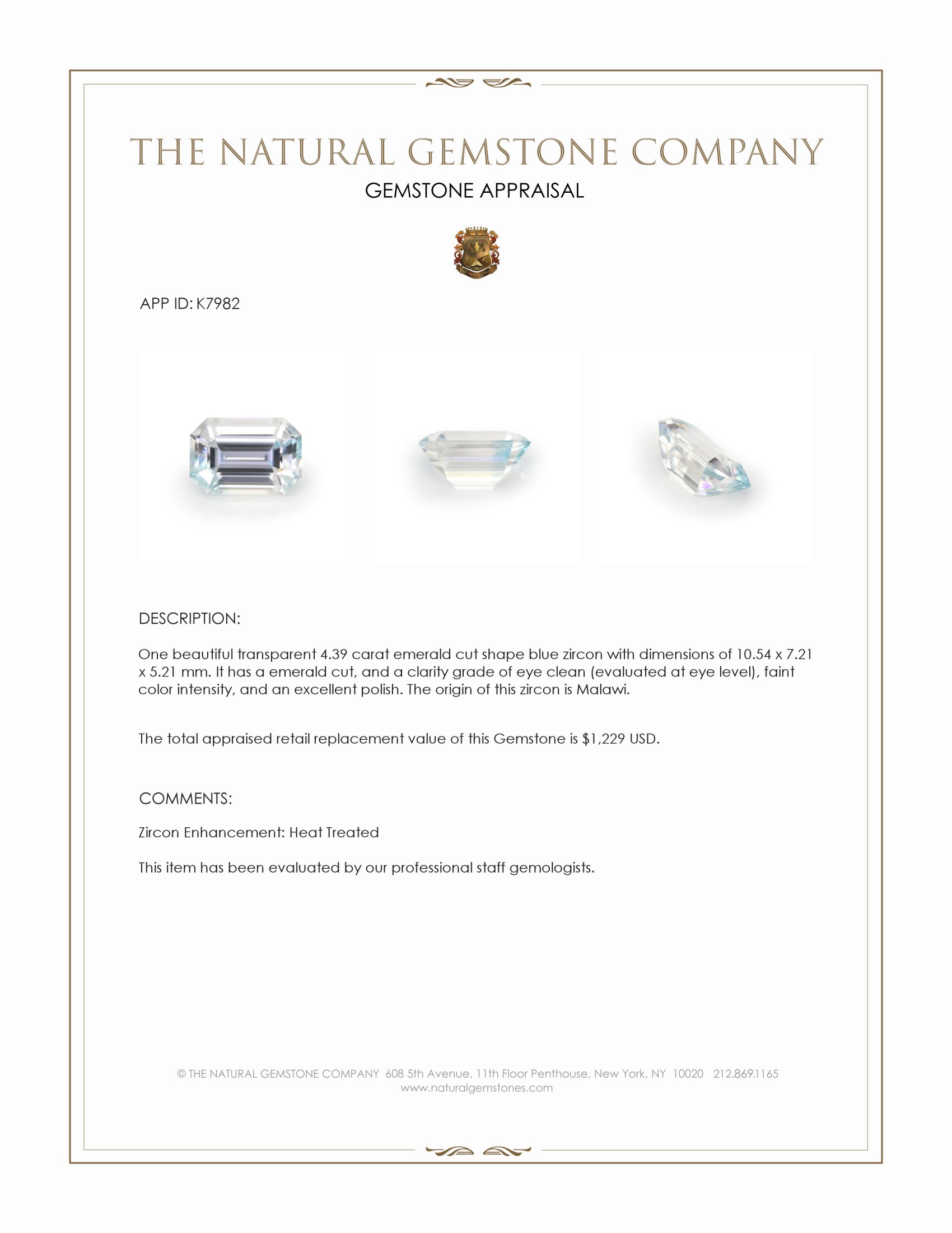 4.39 Ct. Blue Zircon from Malawi