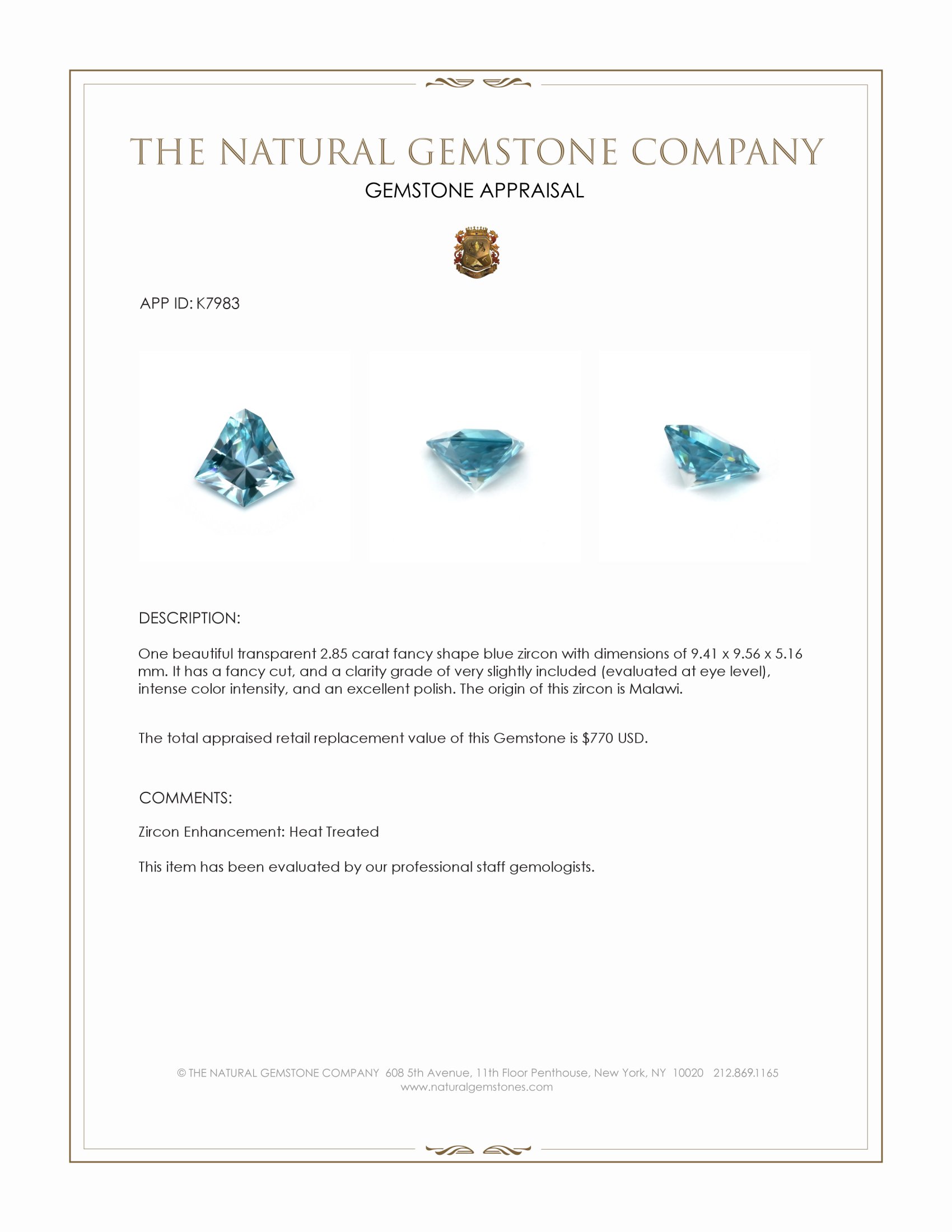 2.85 Ct. Blue Zircon from Malawi