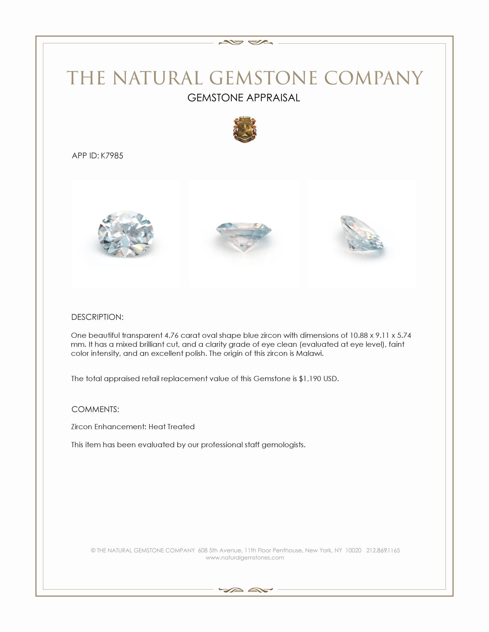 4.76 Ct. Blue Zircon from Malawi