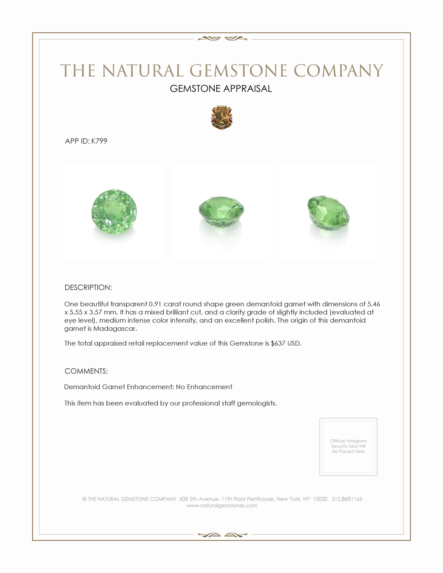 0.91 Ct. Demantoid Garnet from Madagascar