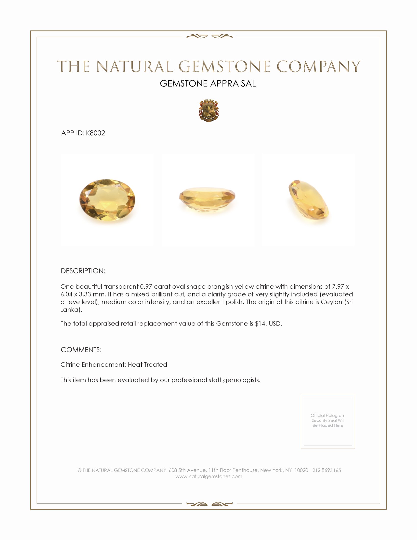 0.97 Ct. Orangish Yellow Citrine from Ceylon (Sri Lanka)