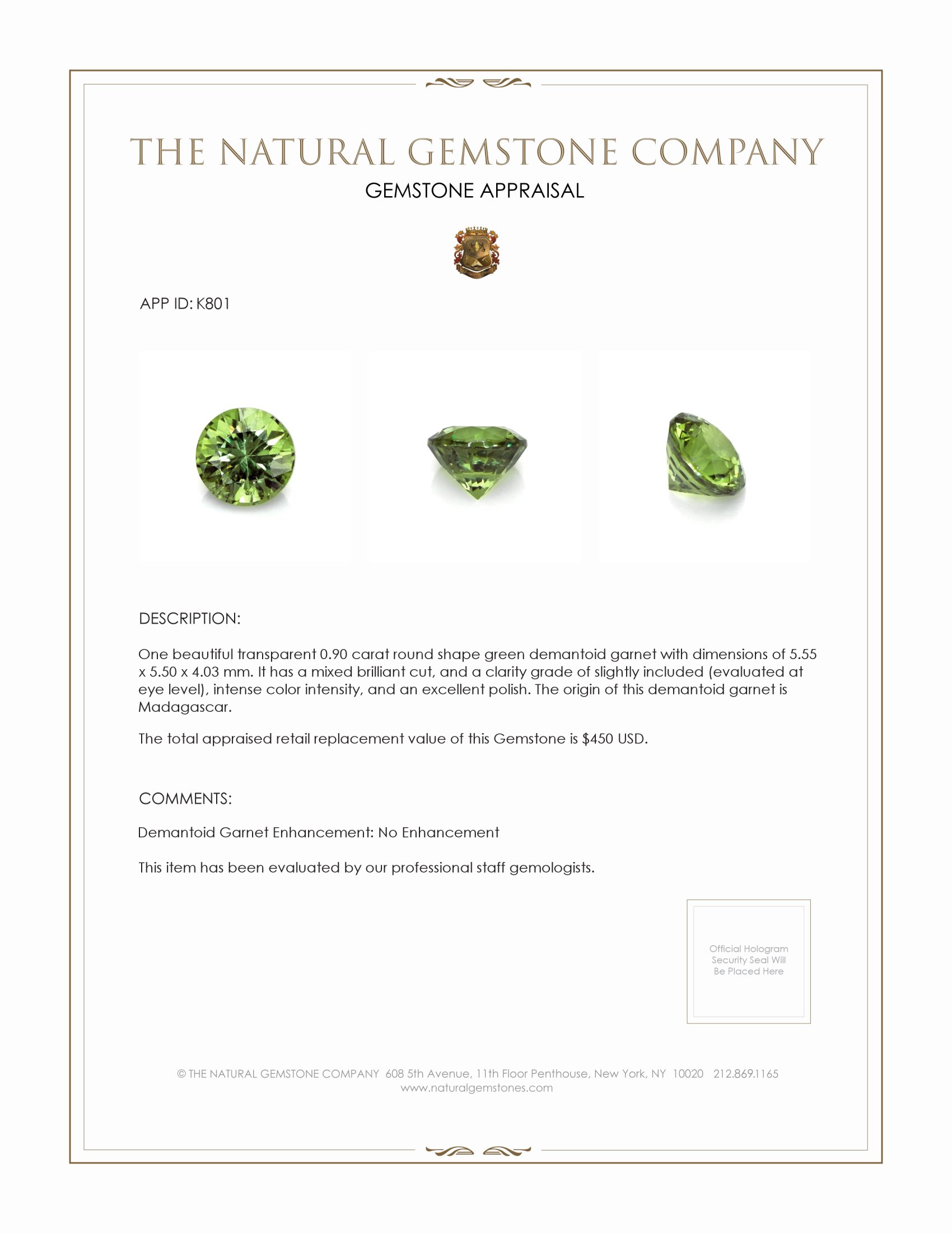 0.90 Ct. Demantoid Garnet from Madagascar