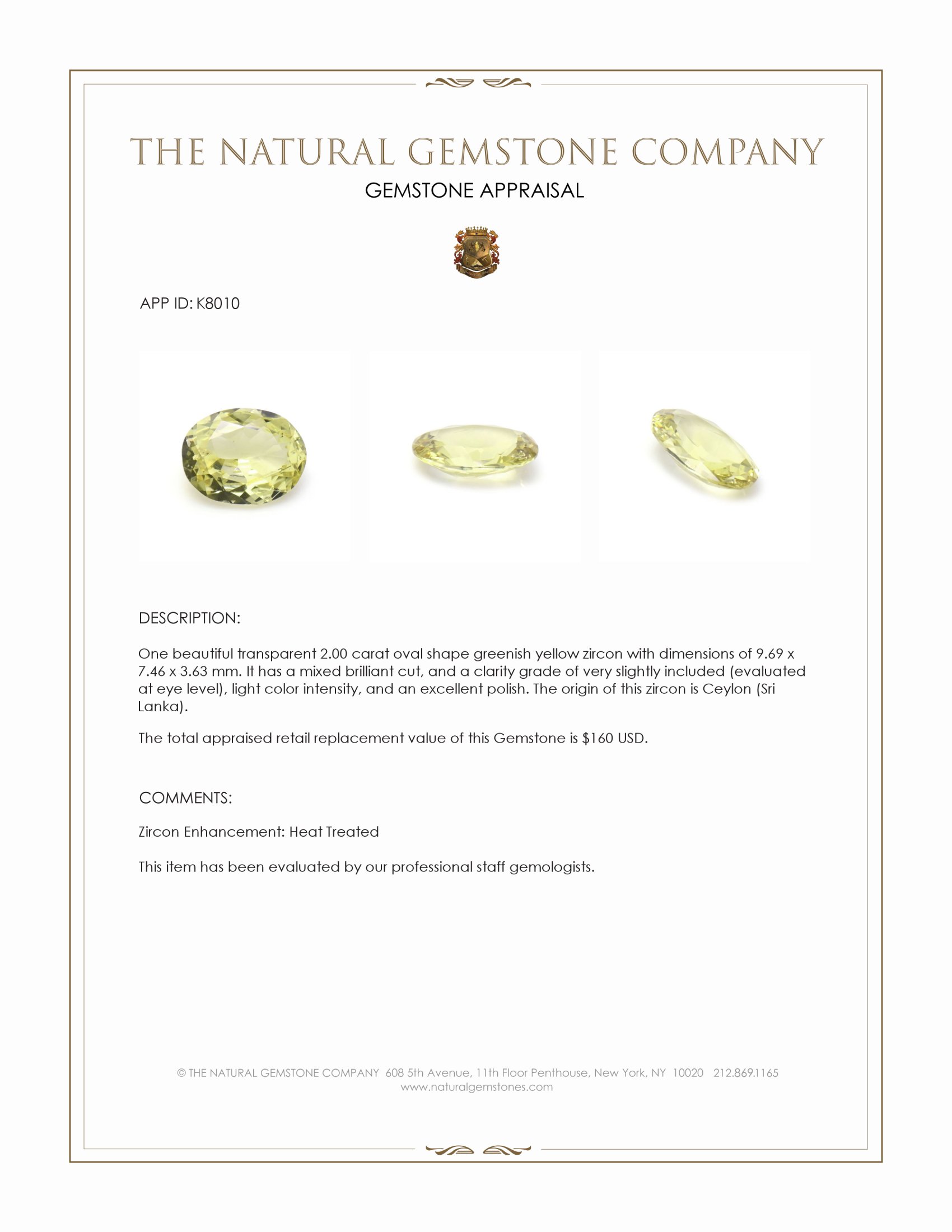 2.00 Ct. Greenish Yellow Zircon from Ceylon (Sri Lanka)