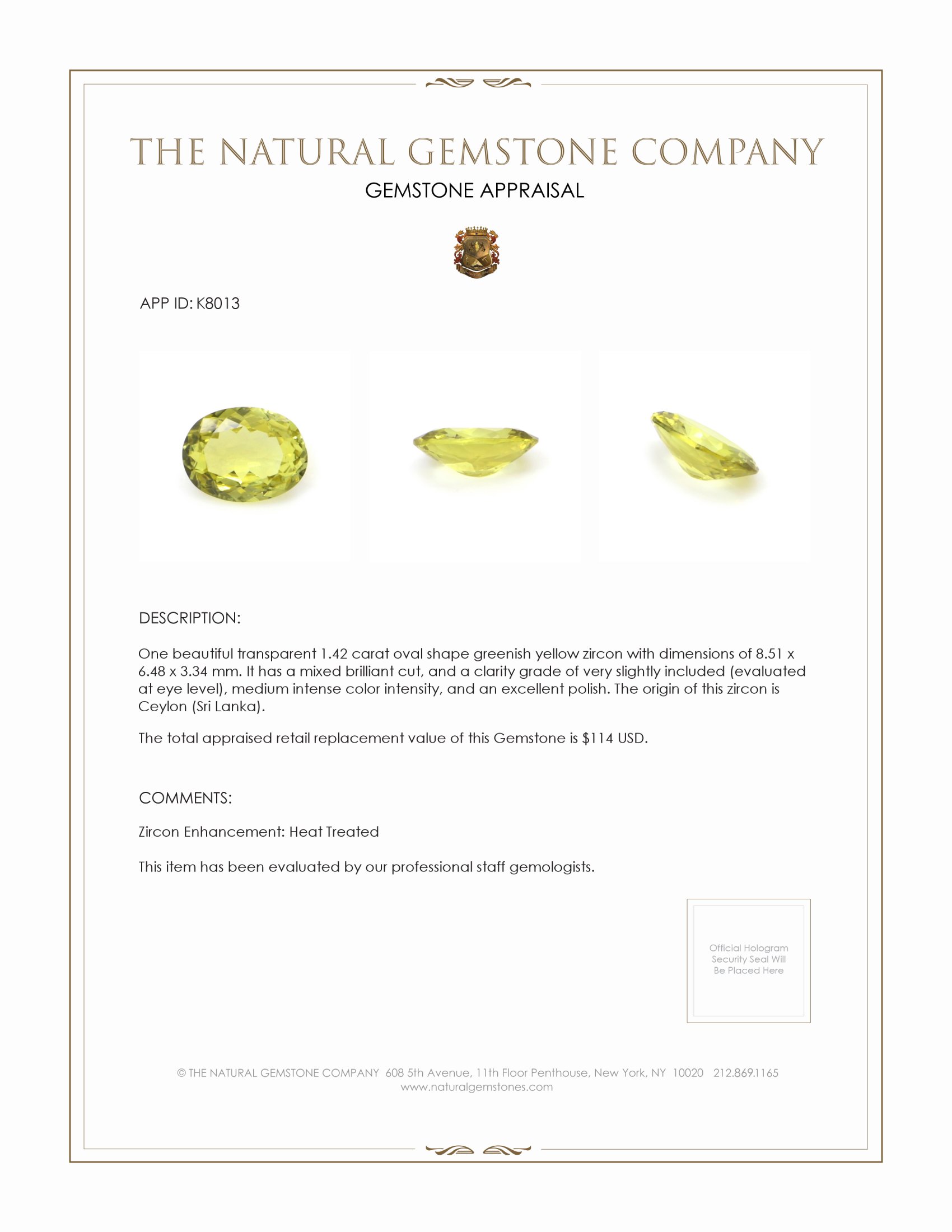 1.42 Ct. Greenish Yellow Zircon from Ceylon (Sri Lanka)