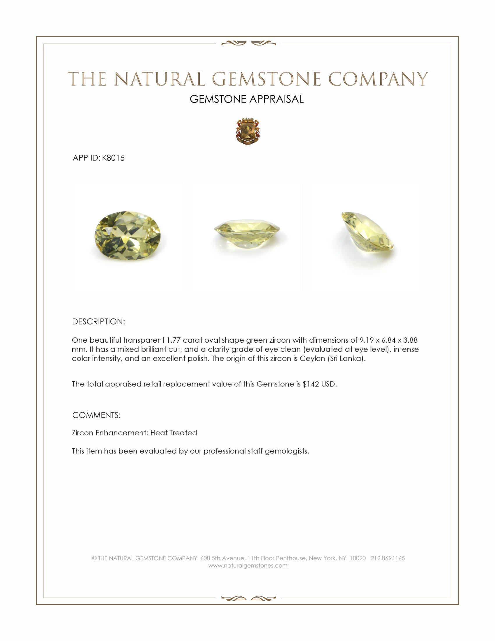1.77 Ct. Green Zircon from Ceylon (Sri Lanka)