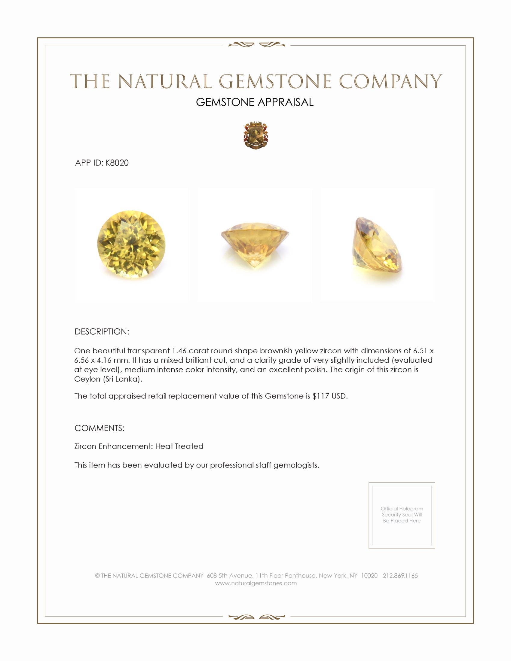 1.46 Ct. Brownish Yellow Zircon from Ceylon (Sri Lanka)