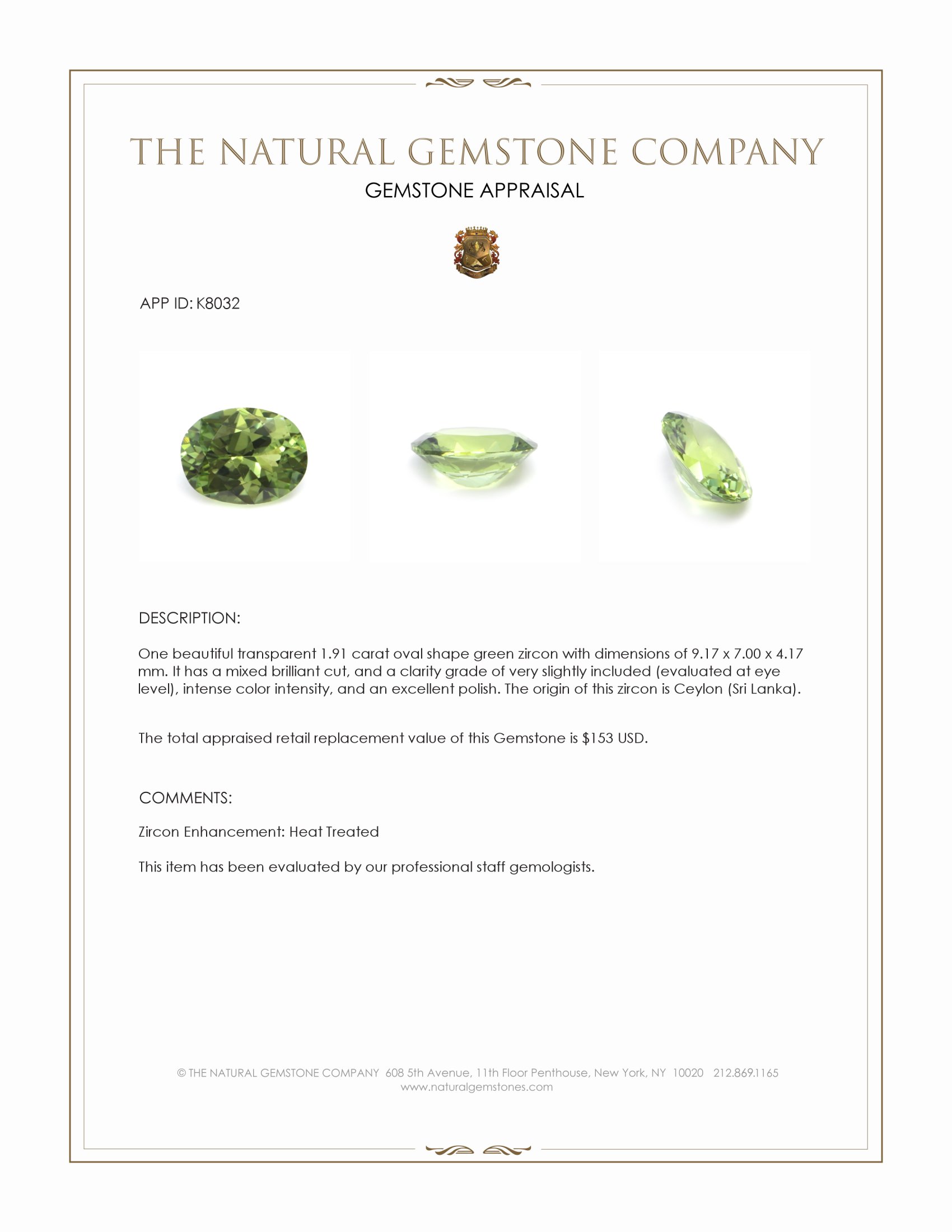 1.91 Ct. Green Zircon from Ceylon (Sri Lanka)