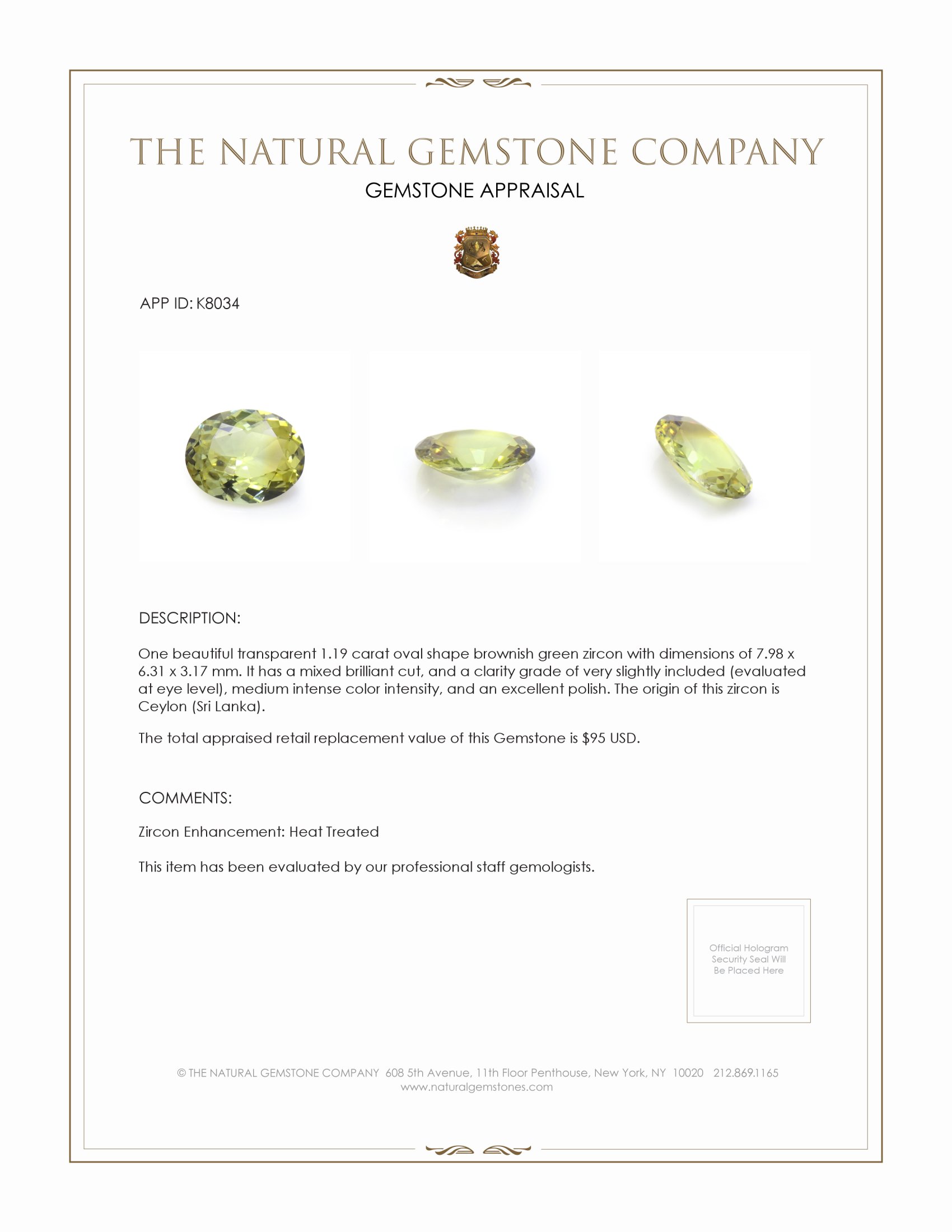 1.19 Ct. Zircon from Ceylon (Sri Lanka)